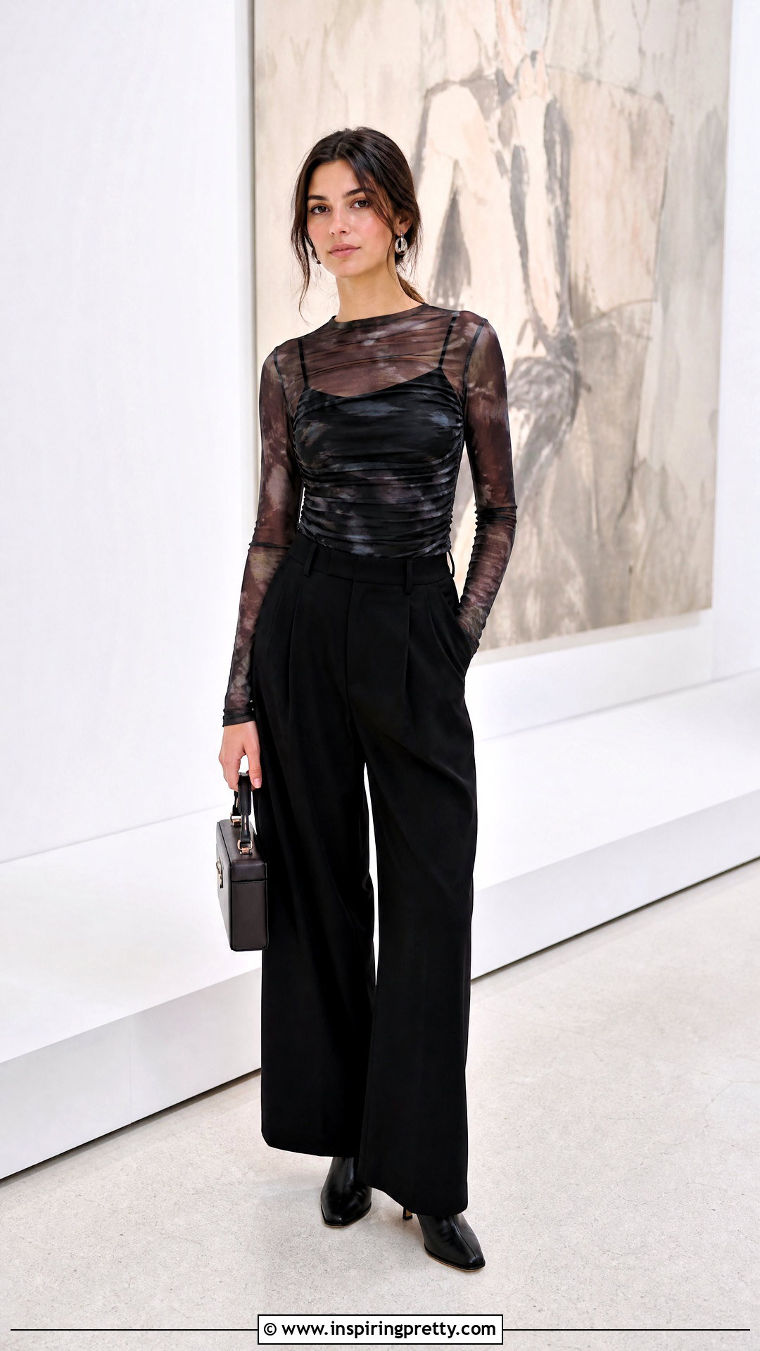 Ruched Mesh Top With Black Pants - 50 ruched top outfit ideas