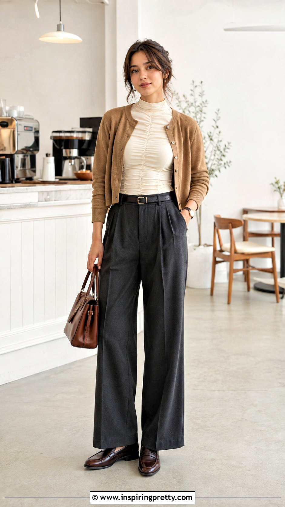 Ruched Mock Neck Top With Cardigan And Trousers - 25 ruched mock neck top outfit ideas