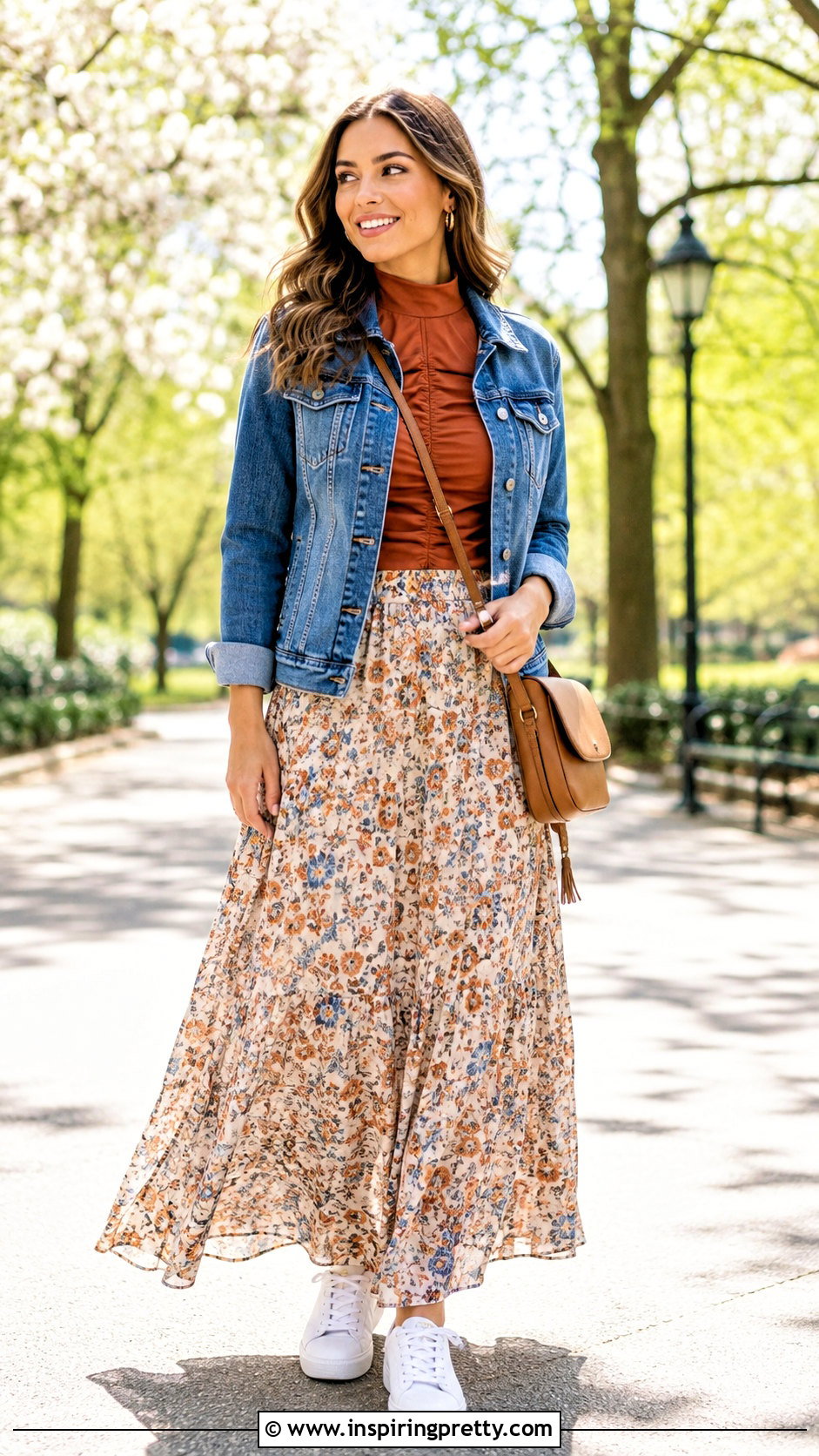 Ruched Mock Neck Top With Denim Jacket And Maxi Skirt - 25 ruched mock neck top outfit ideas
