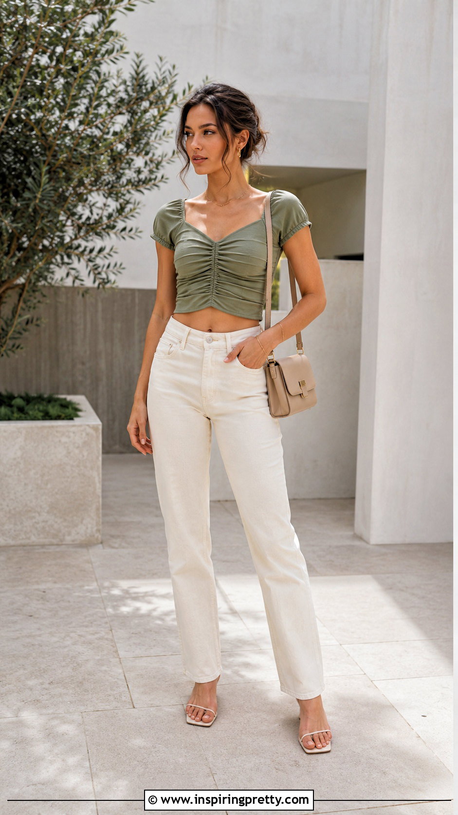 Ruched Short Top With Straight Leg Pants - 50 latest short top designs