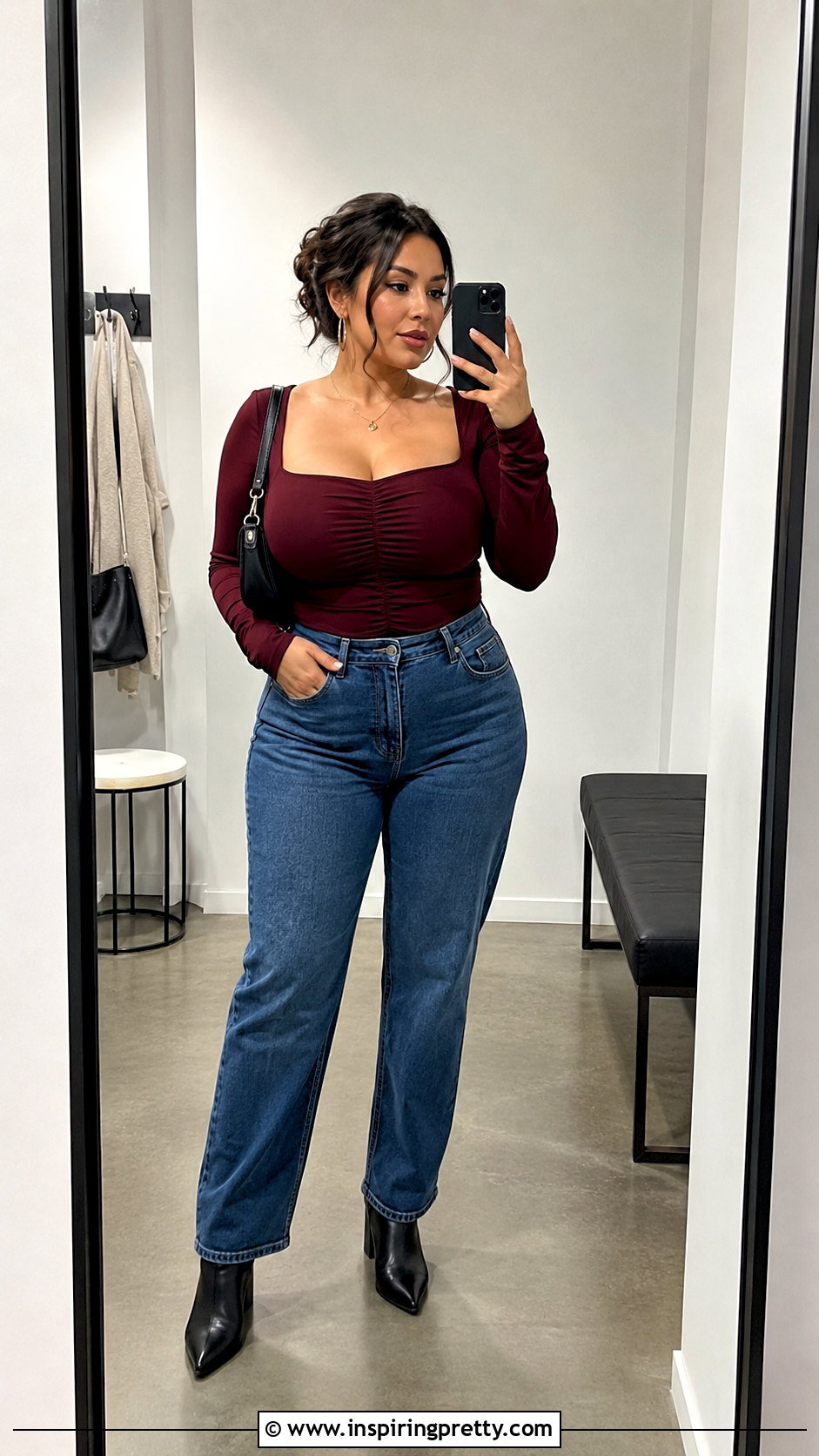 Ruched Top With High Waisted Jeans - 50 pretty tops outfit ideas