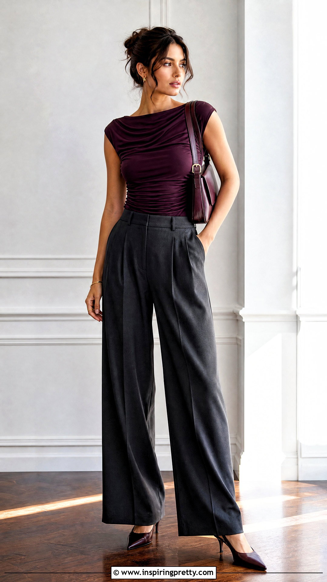 Ruched Top With High Waisted Palazzo Pants - 50 tops for palazzo pants classy outfits