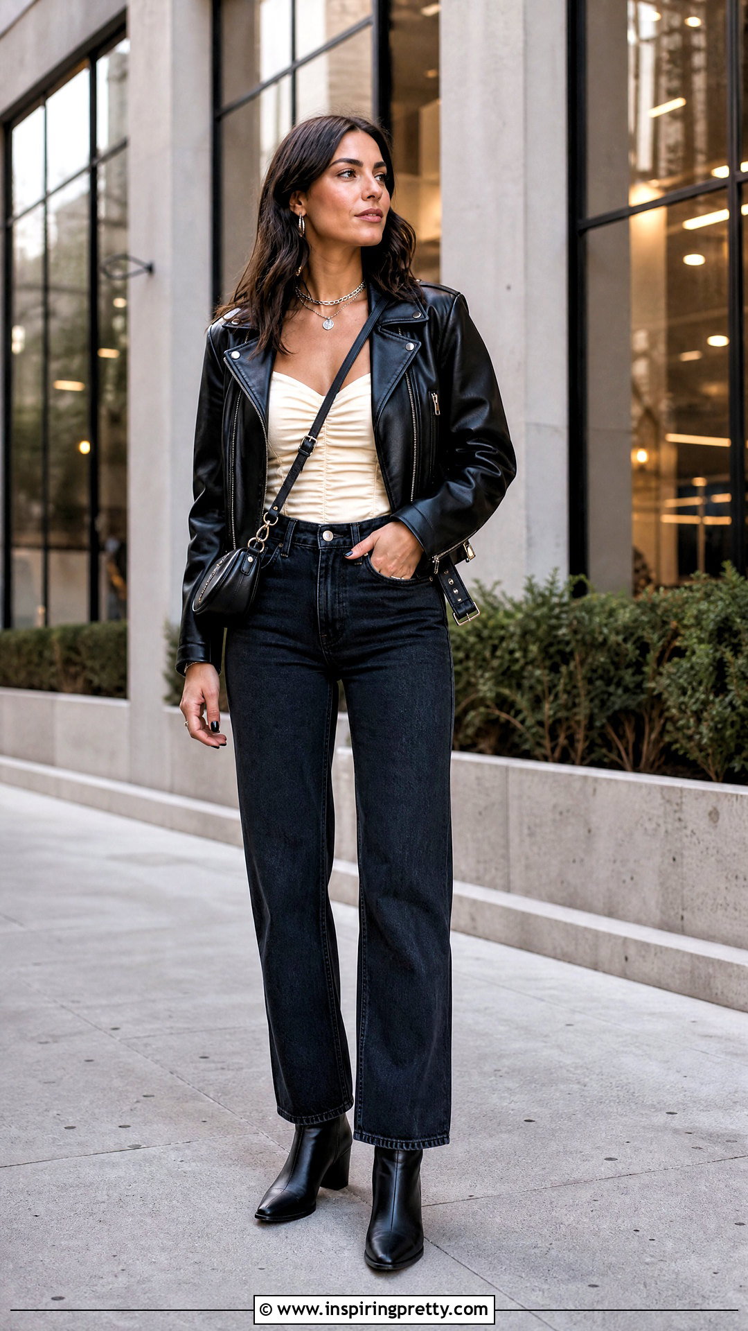 Ruched Top With Leather Jacket And Jeans - 50 ruched top outfit ideas