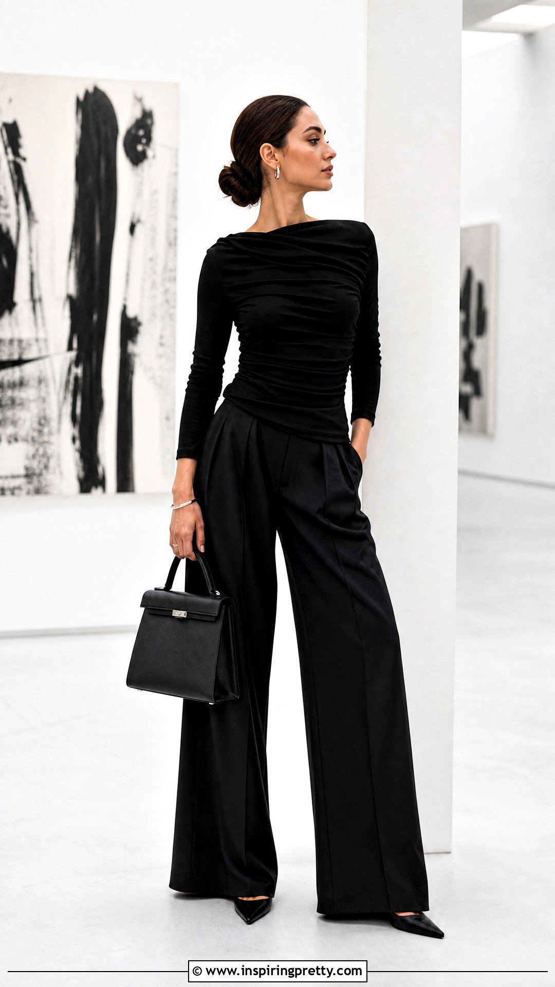 Ruched Top With Monochrome Black Outfit - 50 ruched top outfit ideas