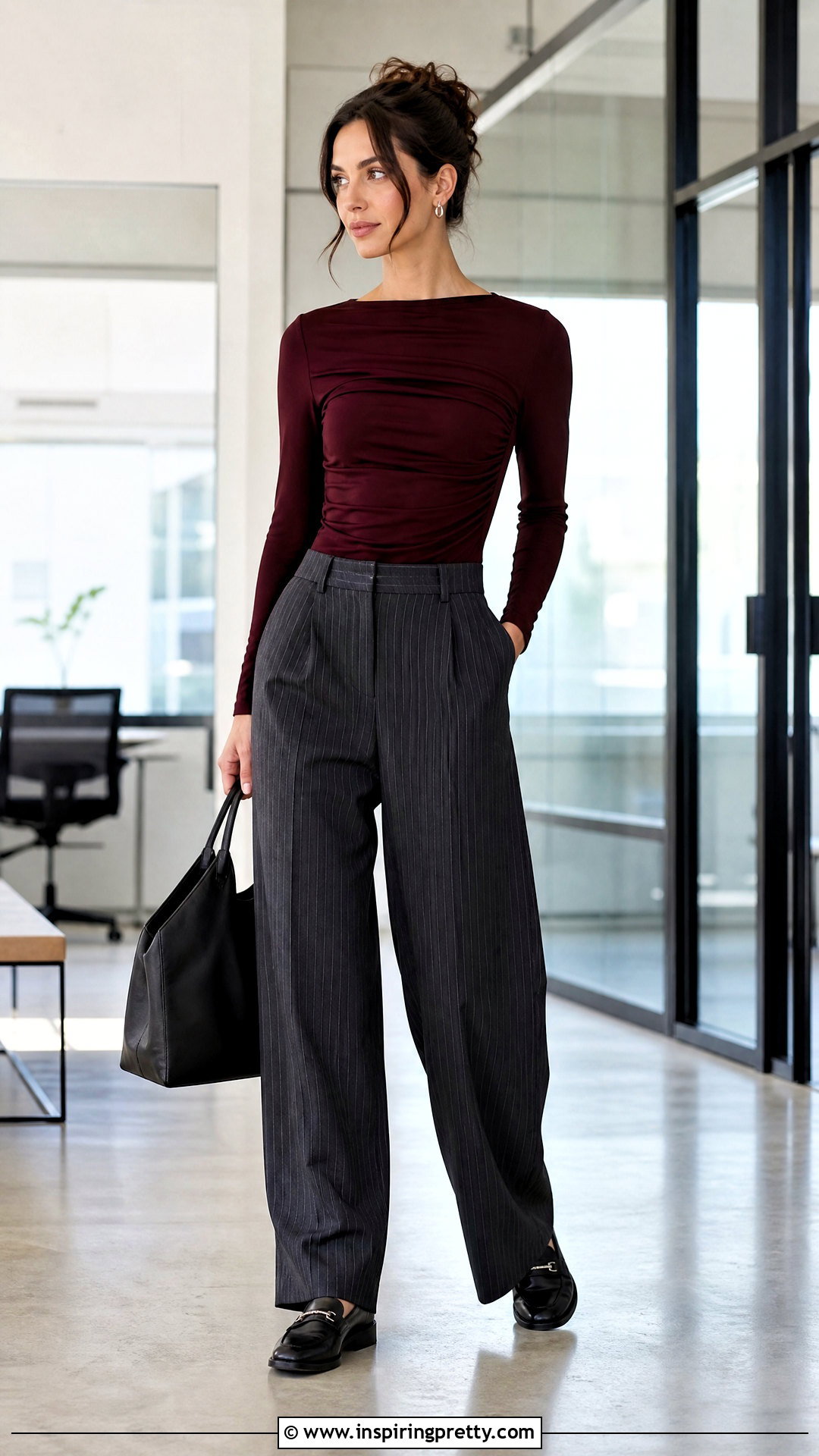 Ruched Top With Pinstripe Trousers - 50 ruched top outfit ideas
