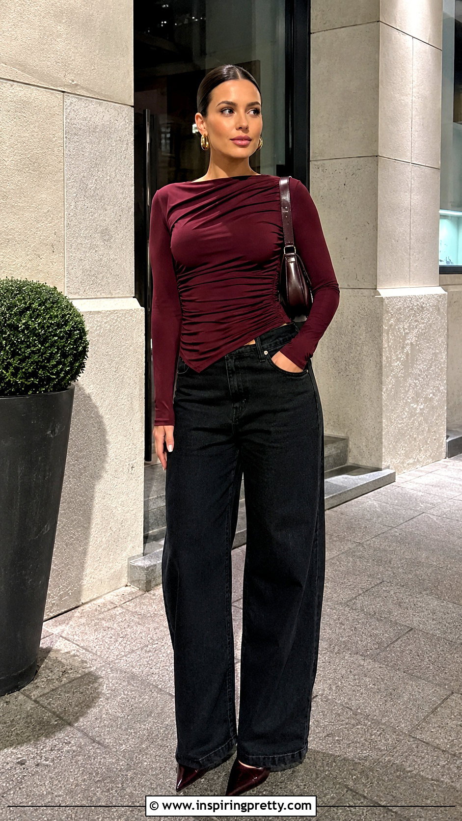 Ruched Top With Wide Leg Jeans - 50 dressy tops outfit ideas