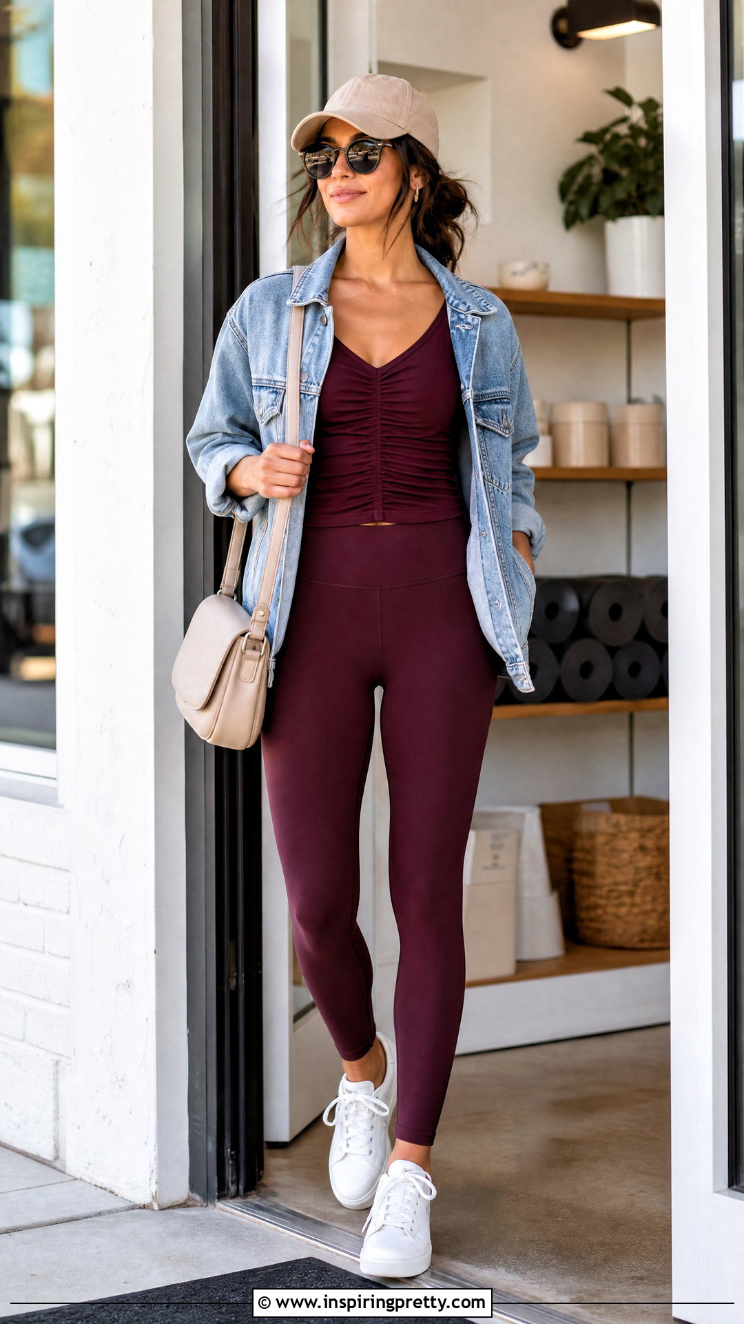 Ruched Yoga Top With Denim Jacket And Leggings - 20 ruched yoga top outfit ideas