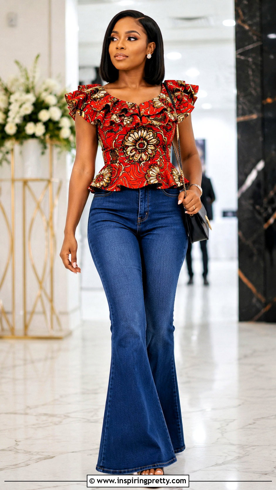 Ruffle Ankara Top With Flared Jeans - 50 Simple Ankara Tops With Jeans