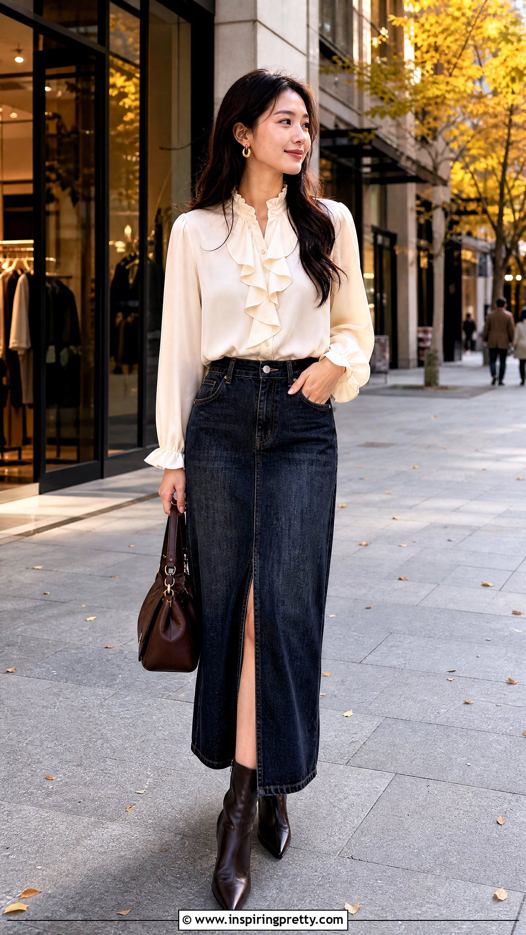 Ruffle Blouse And Denim Maxi Skirt Outfit - 50 skirt top outfit ideas