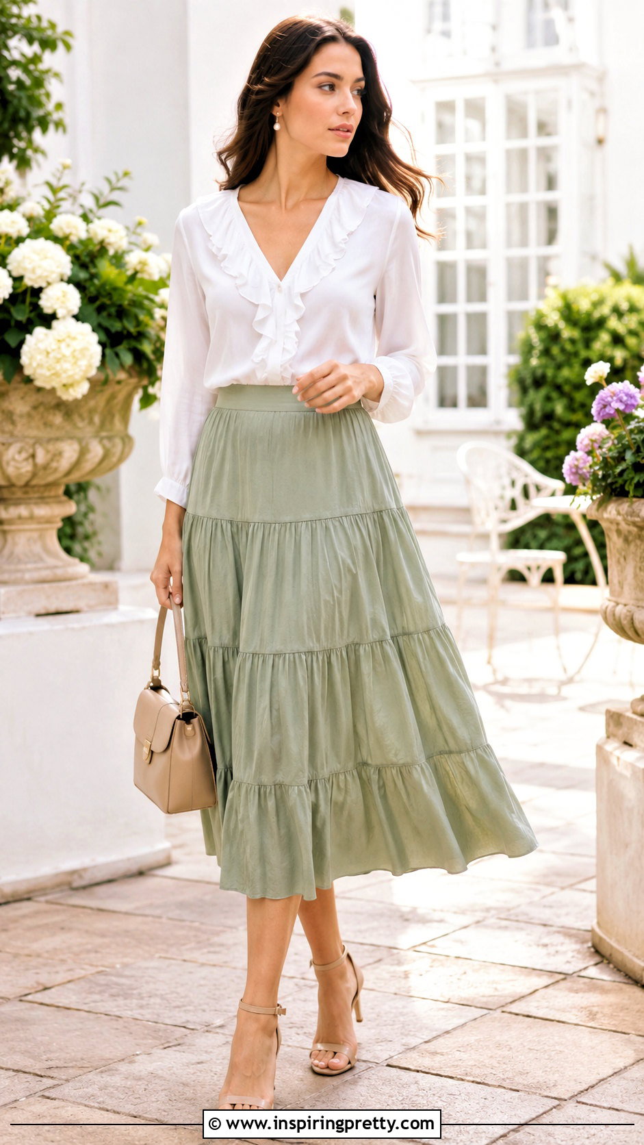 Ruffle Blouse And Tiered Midi Skirt Outfit - 50 tops and skirts outfit ideas