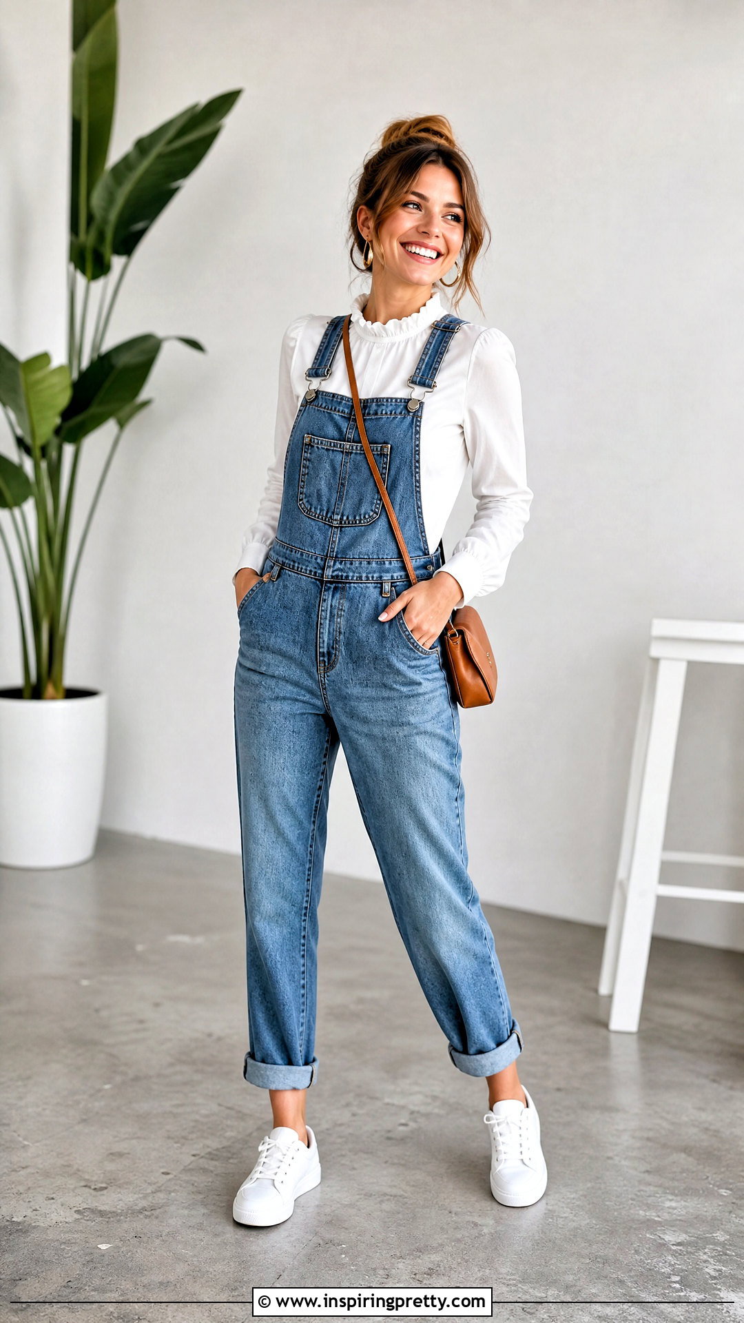 Ruffle Blouse With Denim Overalls - 50 ruffle tops outfit ideas