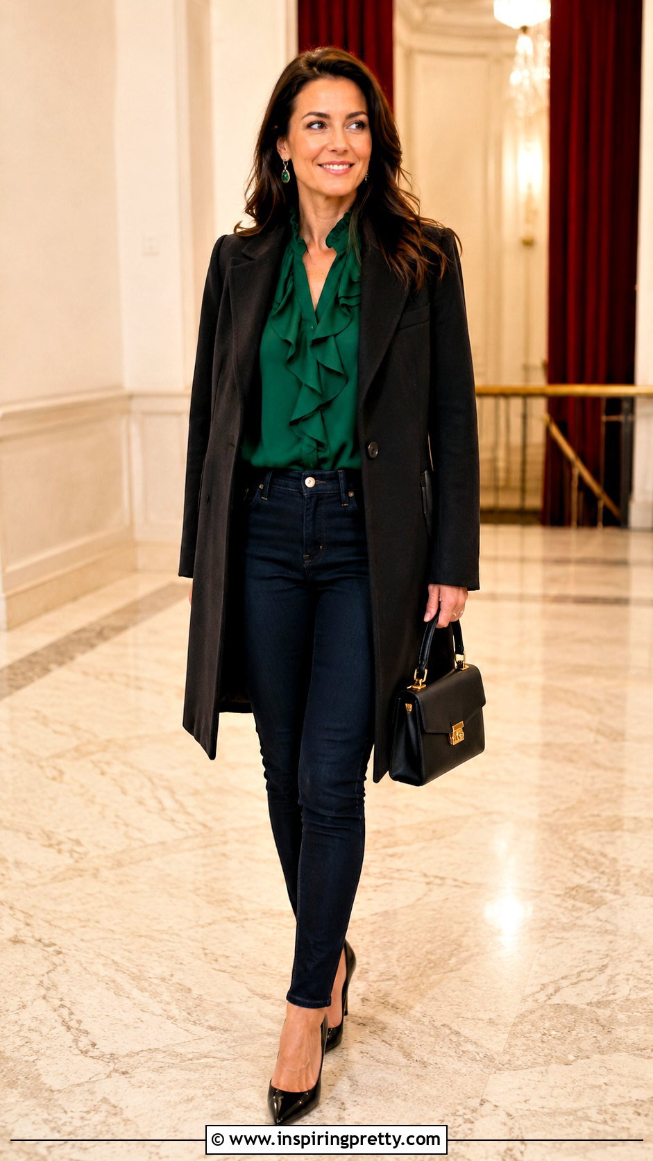 Ruffle Blouse With Skinny Jeans - 50 jeans and top outfit going out ideas