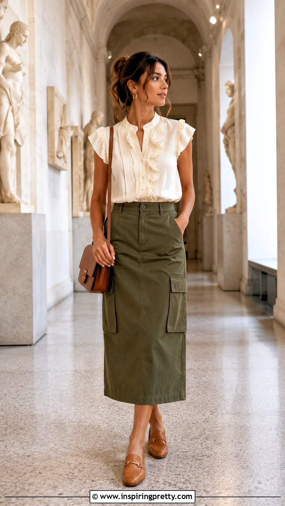 Ruffle Blouse and Cargo Midi Skirt Outfit - 50 casual top outfit ideas
