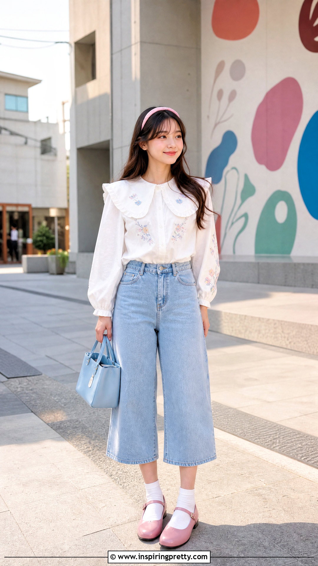 Ruffle Collar Cutecore Top With Denim Culottes - 50 Cutecore Top outfit ideas