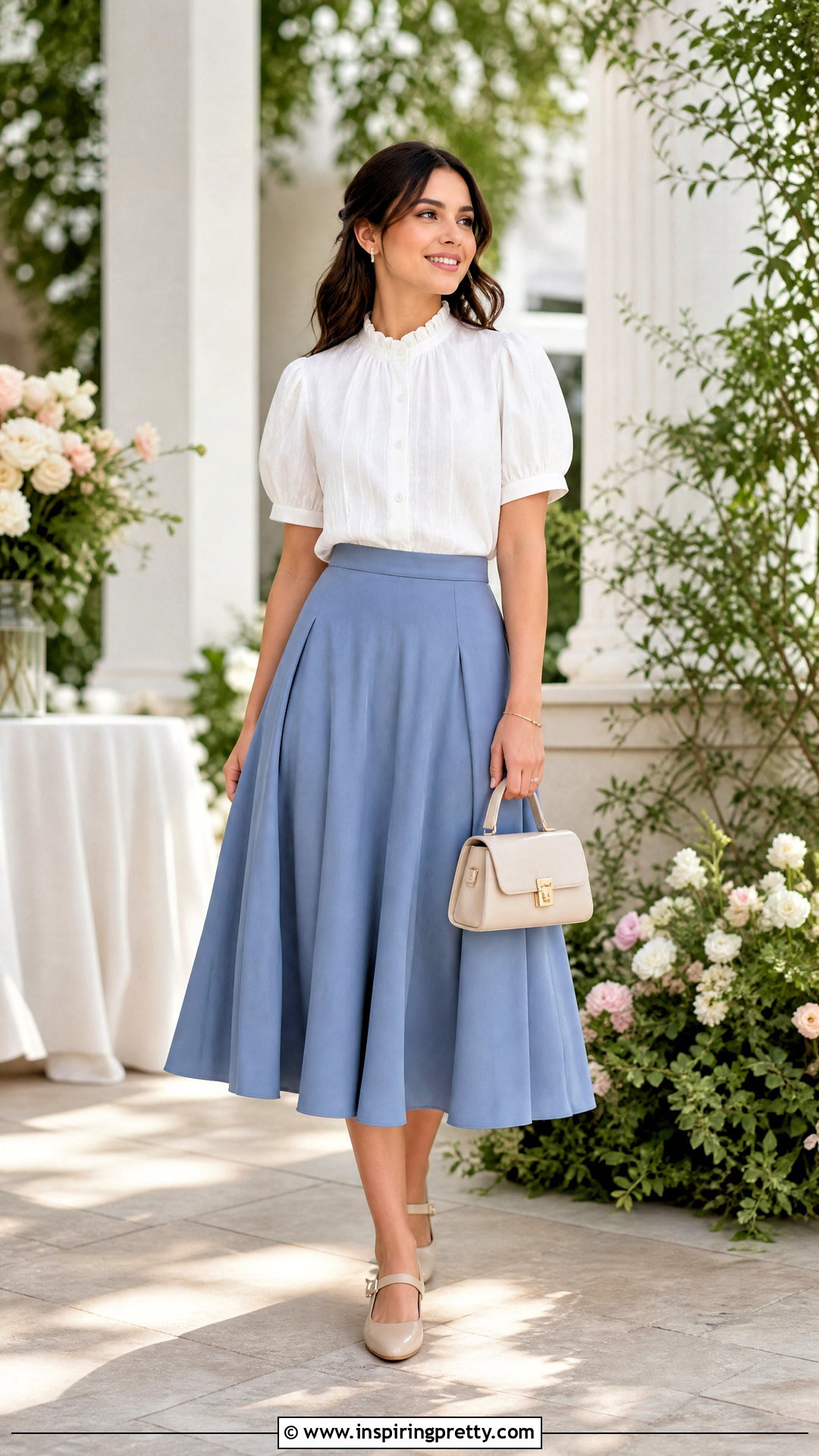 Ruffle Collar Top With A Line Skirt - 50 modest summer tops outfit ideas