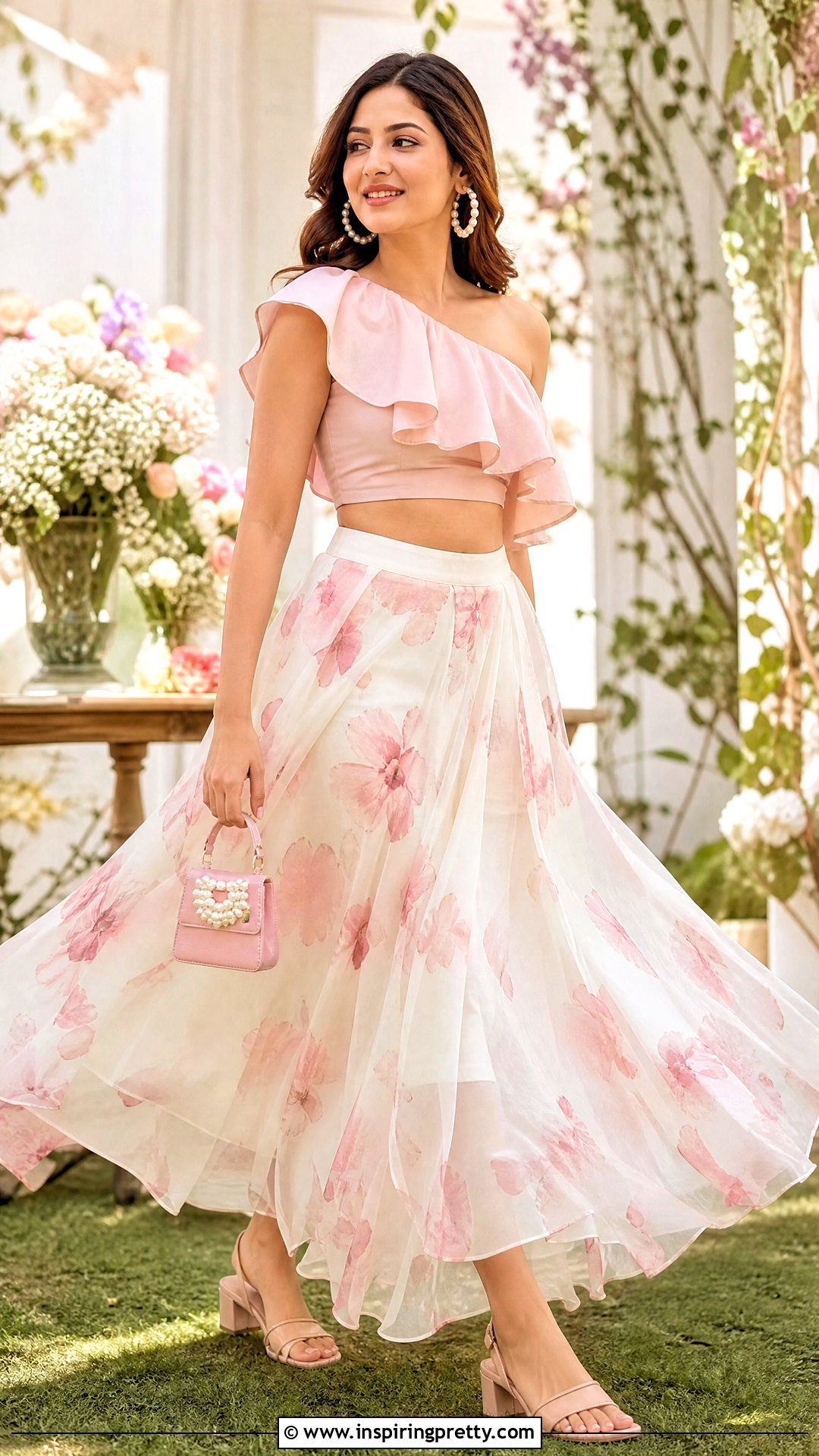 Ruffle Crop Top And Floral Skirt - 25 crop top and skirt indian party wear for women outfit ideas