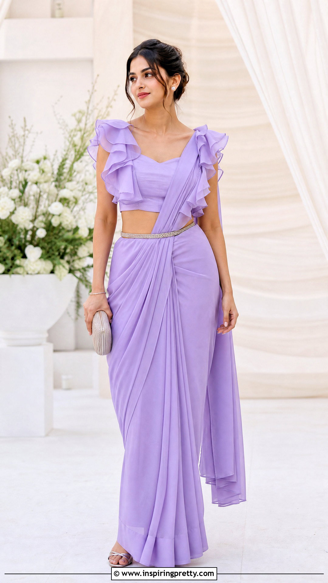 Ruffle Crop Top With Plain Saree - 50 saree with crop top outfit ideas