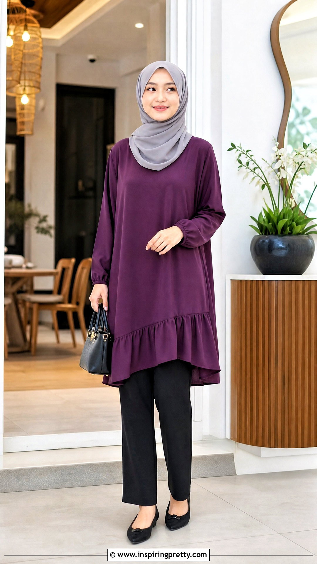 Ruffle Hem Long Top With Straight Pants - 50 long tops designs for muslims