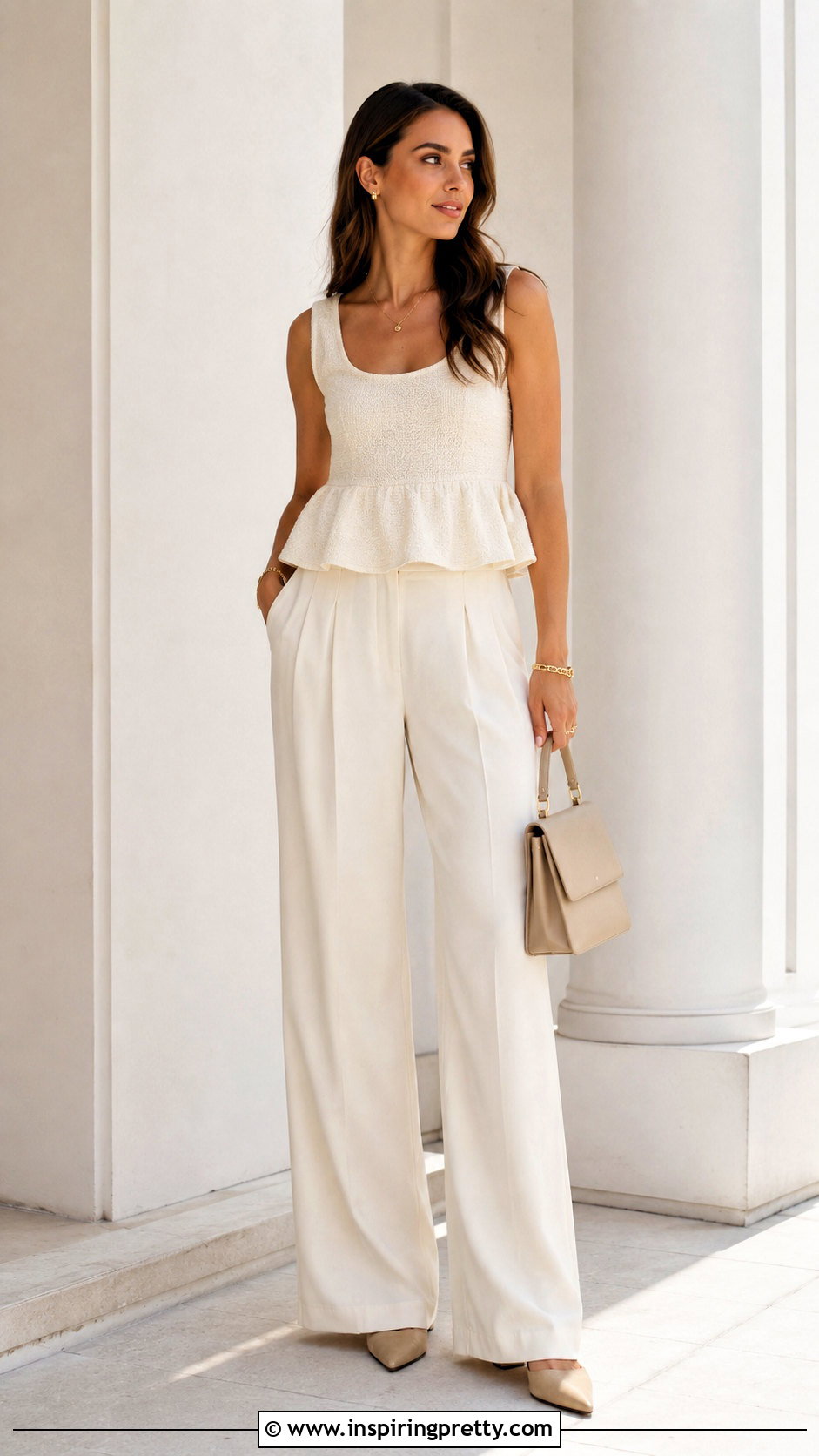 Ruffle Hem Tank Top With Tonal Trousers And Pointed Flats - 25 ruffle hem tank top outfit ideas