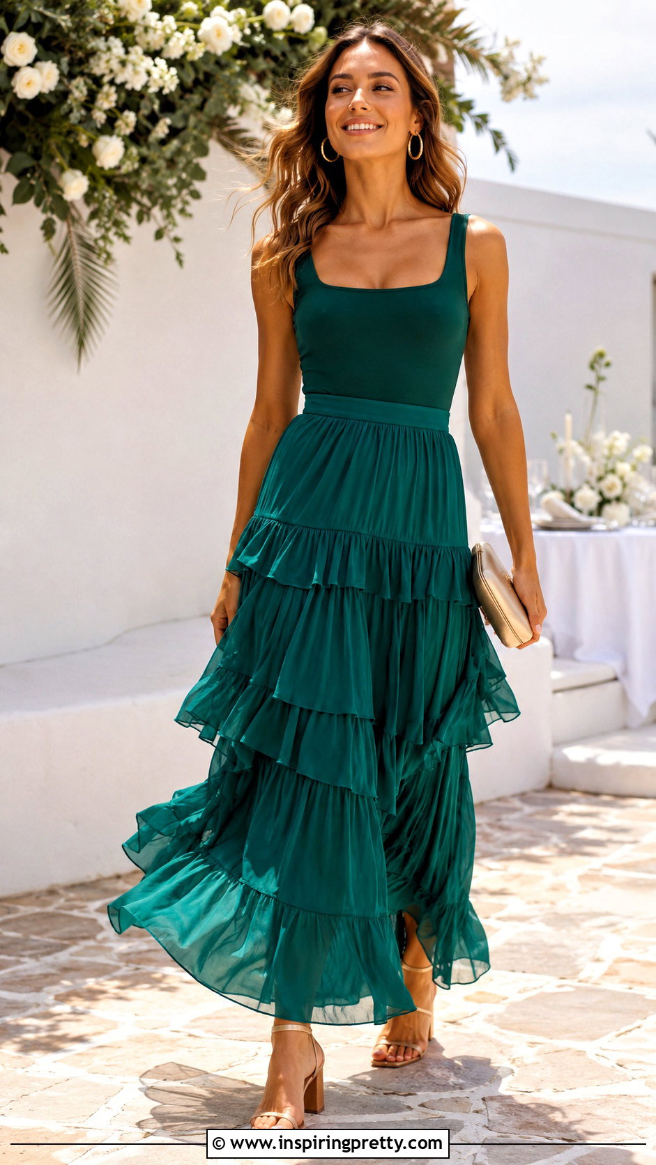 Ruffle Maxi Skirt And Fitted Tank Top Party Outfit - 50 skirt and top party wear outfits