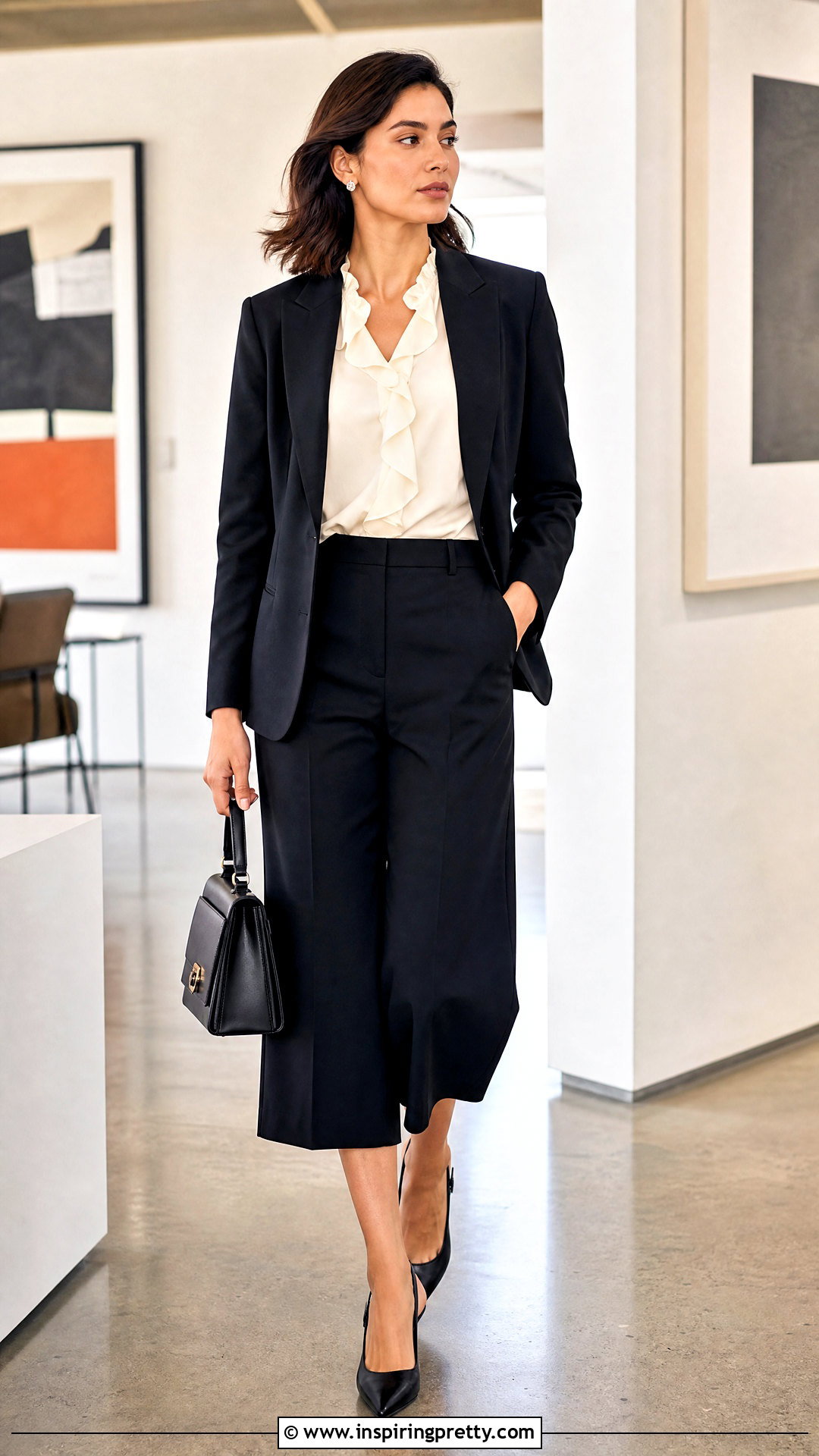 Ruffle Neck Blouse With Culottes - 20 Professional Tops For Work Ideas