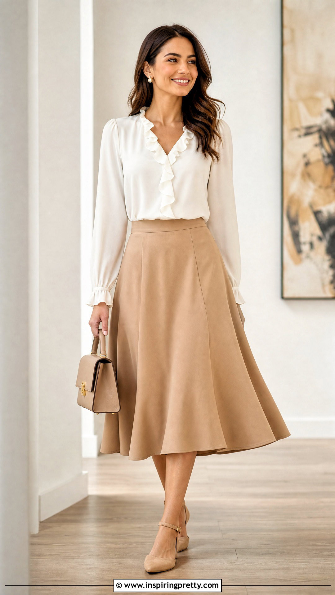 Ruffle Neck Blouse and Midi Skirt Outfit - 50 shirt top designs