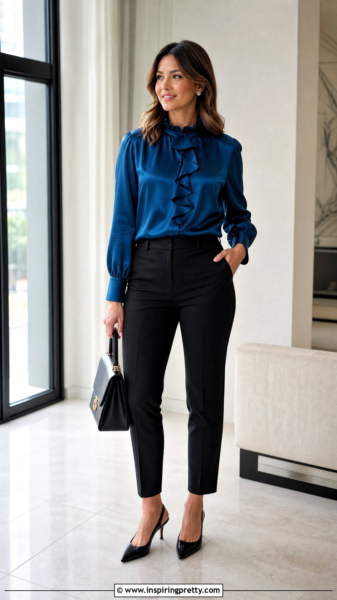 Ruffle Neck Satin Top With Ankle Pants - 50 Satin Top Designs