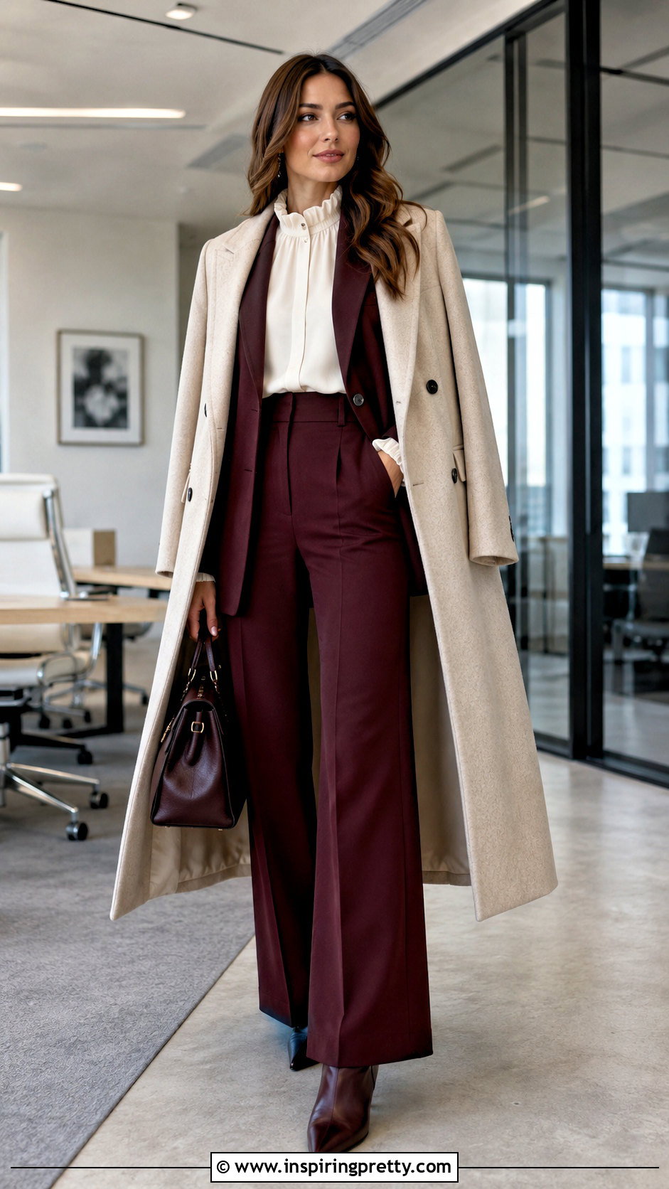 Ruffle Neck Top With High Waisted Trousers - 50 cute winter tops outfit ideas