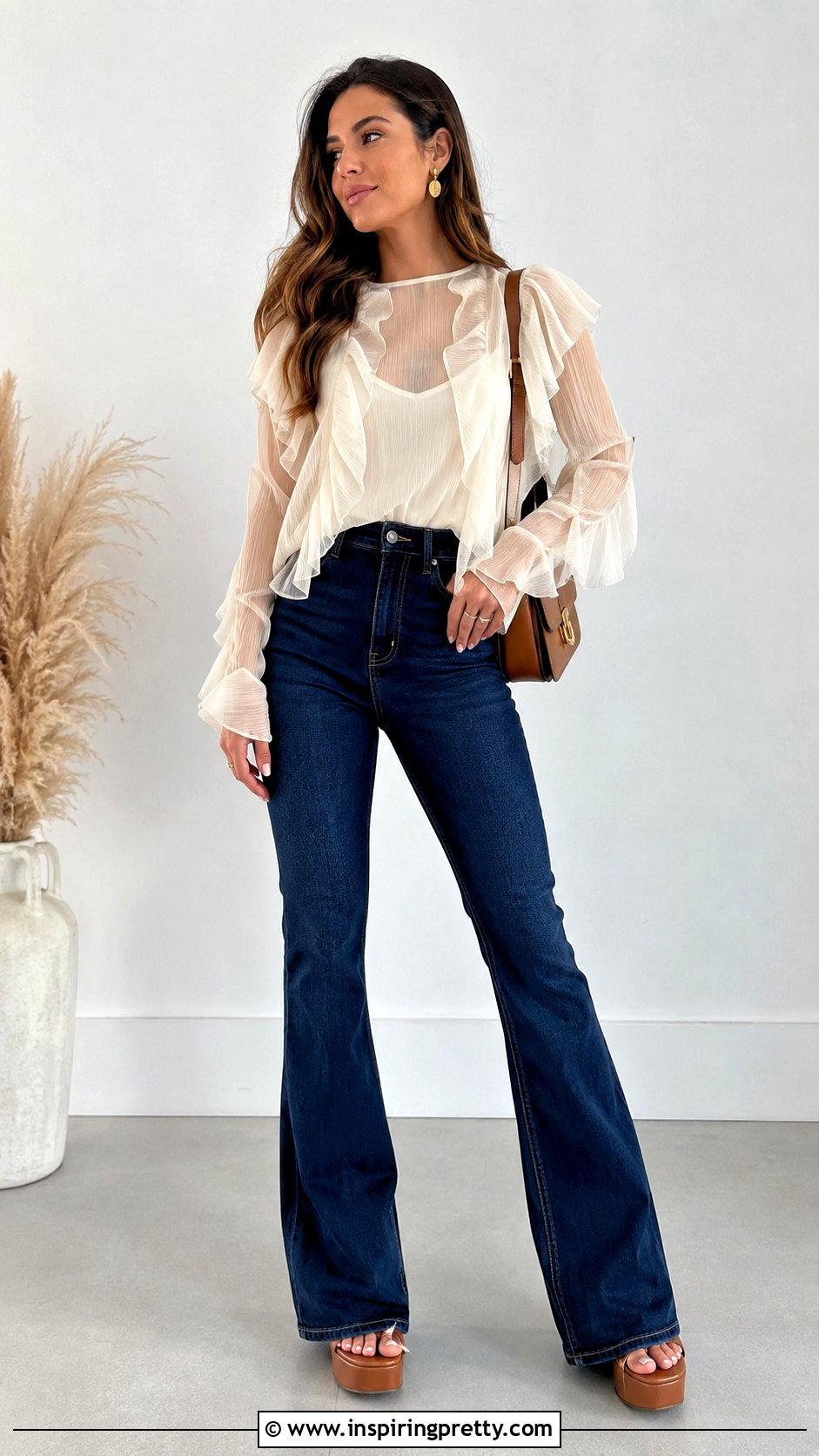 Ruffle Shein Sheer Top With Flare Jeans - 20 Shein Sheer Top outfit ideas