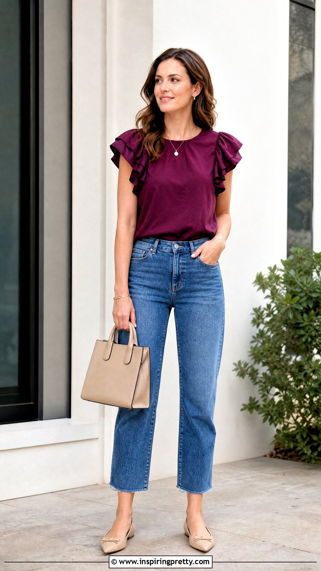 Ruffle Sleeve Cotton Top With Cropped Jeans - 50 cotton tops designs for jeans
