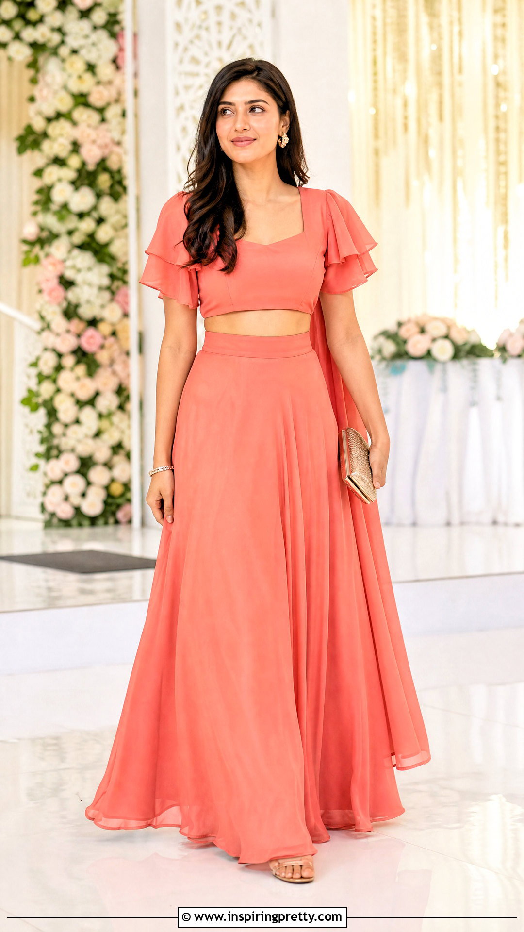 Ruffle Sleeve Crop Top Blouse With Lehenga - 50 latest crop top blouse designs