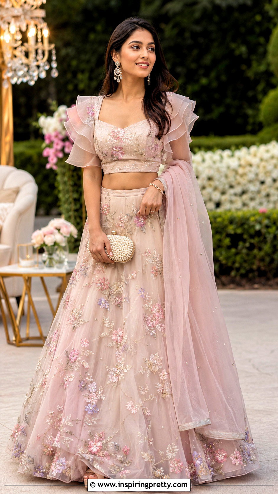 Ruffle Sleeve Crop Top Blouse With Organza Lehenga - 20 Crop Top Blouse Designs For Lehanga Outfit Ideas