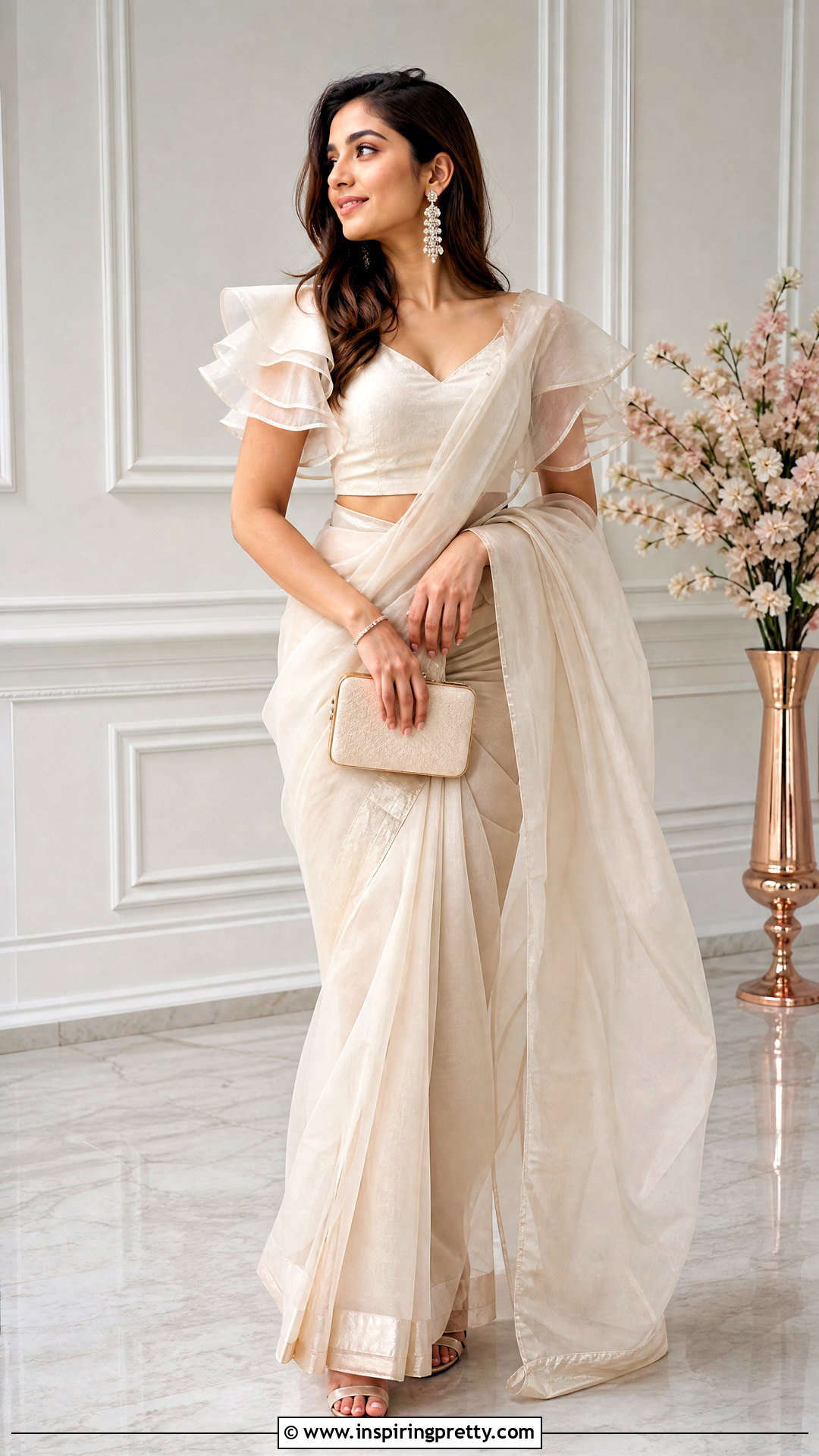 Ruffle Sleeve Crop Top Blouse With Saree - 50 crop top blouse designs