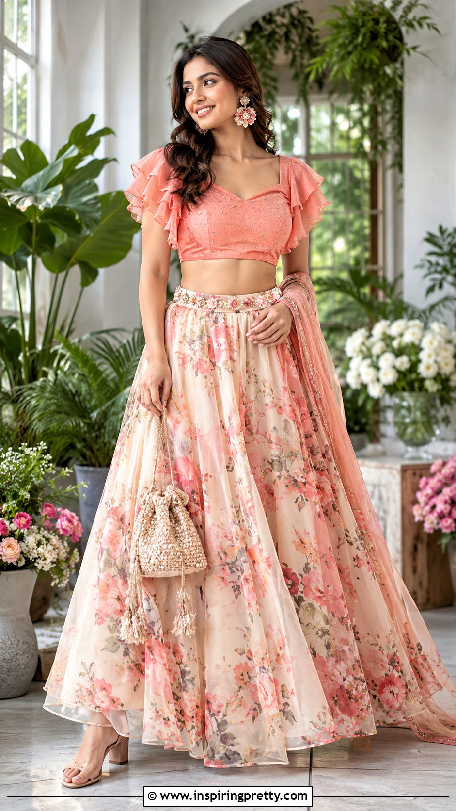 Ruffle Sleeve Crop Top With Printed Lehenga - 20 latest lehenga crop top designs