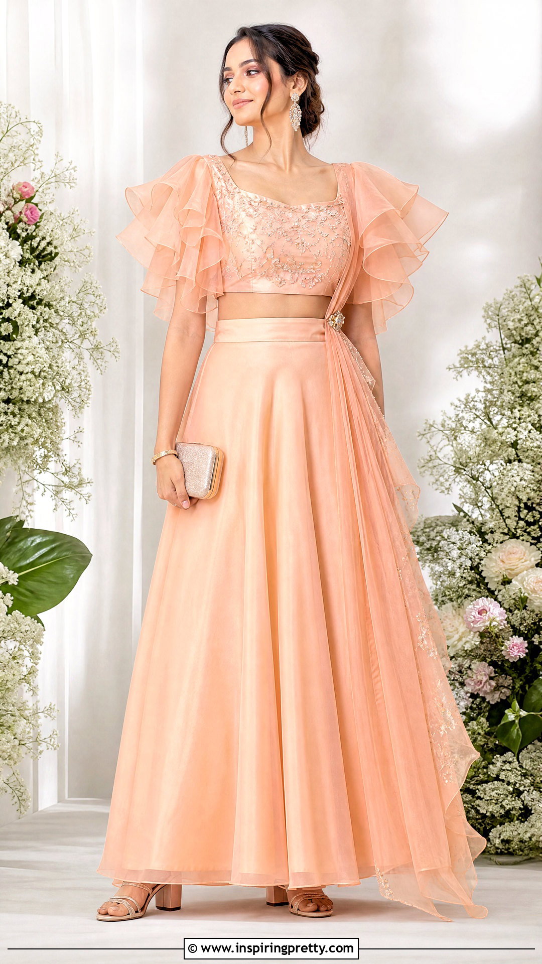 Ruffle Sleeve Organza Crop Top Lehenga Outfit - 50 organza crop top lehenga outfit ideas