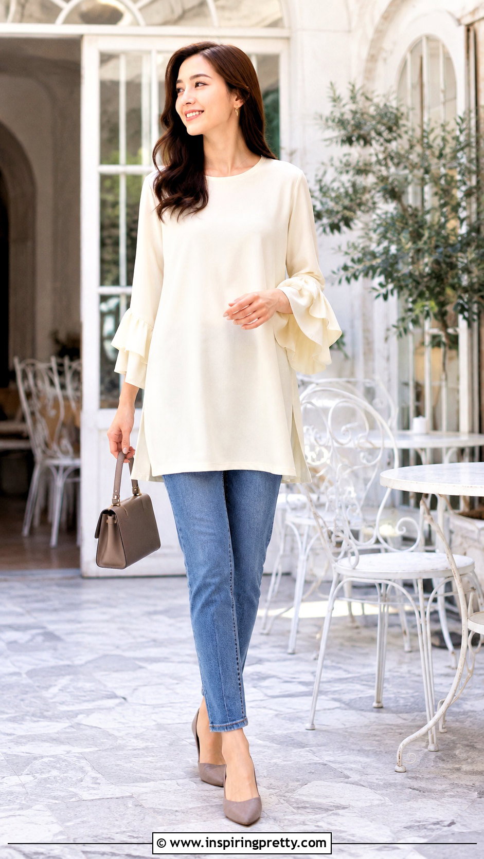 Ruffle Sleeve Tunic Top With Slim Jeans - 50 tunic tops with jeans