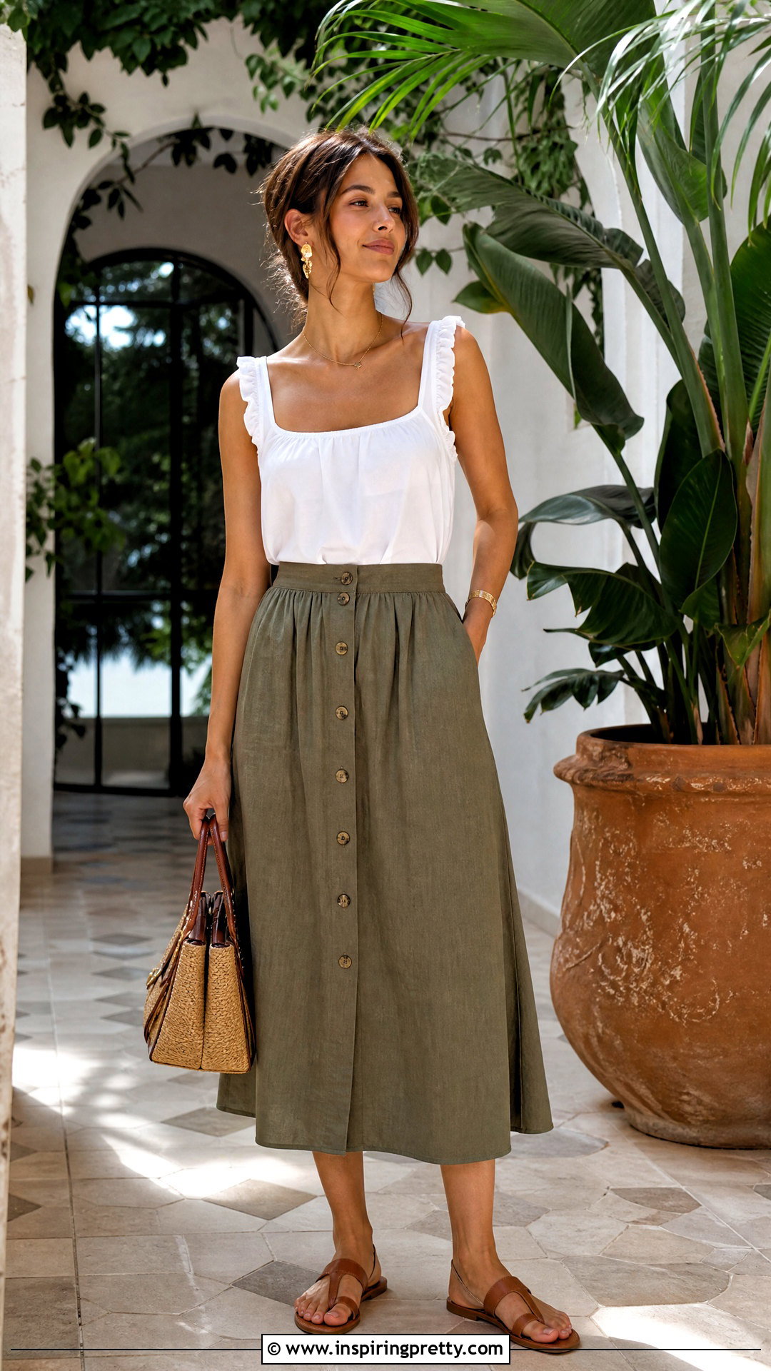 Ruffle Tank Top With Linen Midi Skirt - 50 tank top designs