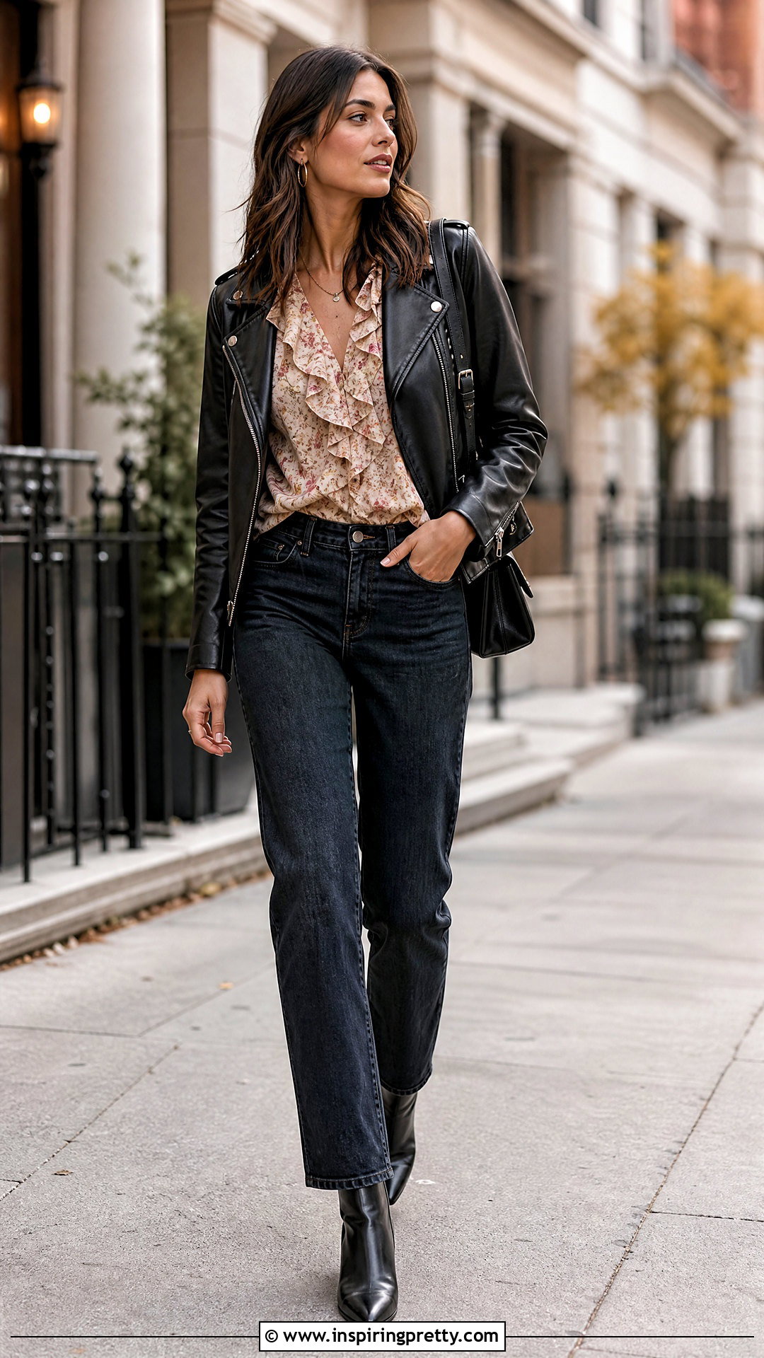 Ruffle Top With Leather Jacket And Jeans - 50 ruffle tops outfit ideas