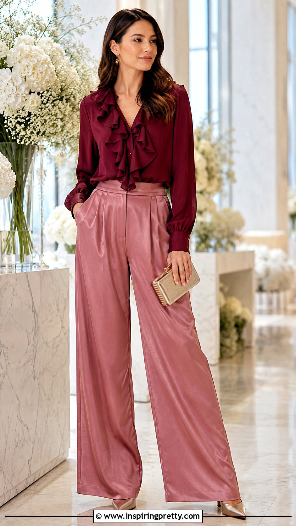 Ruffle Top With Satin Wide Leg Pants - what to wear with ruffle top (25 ways)