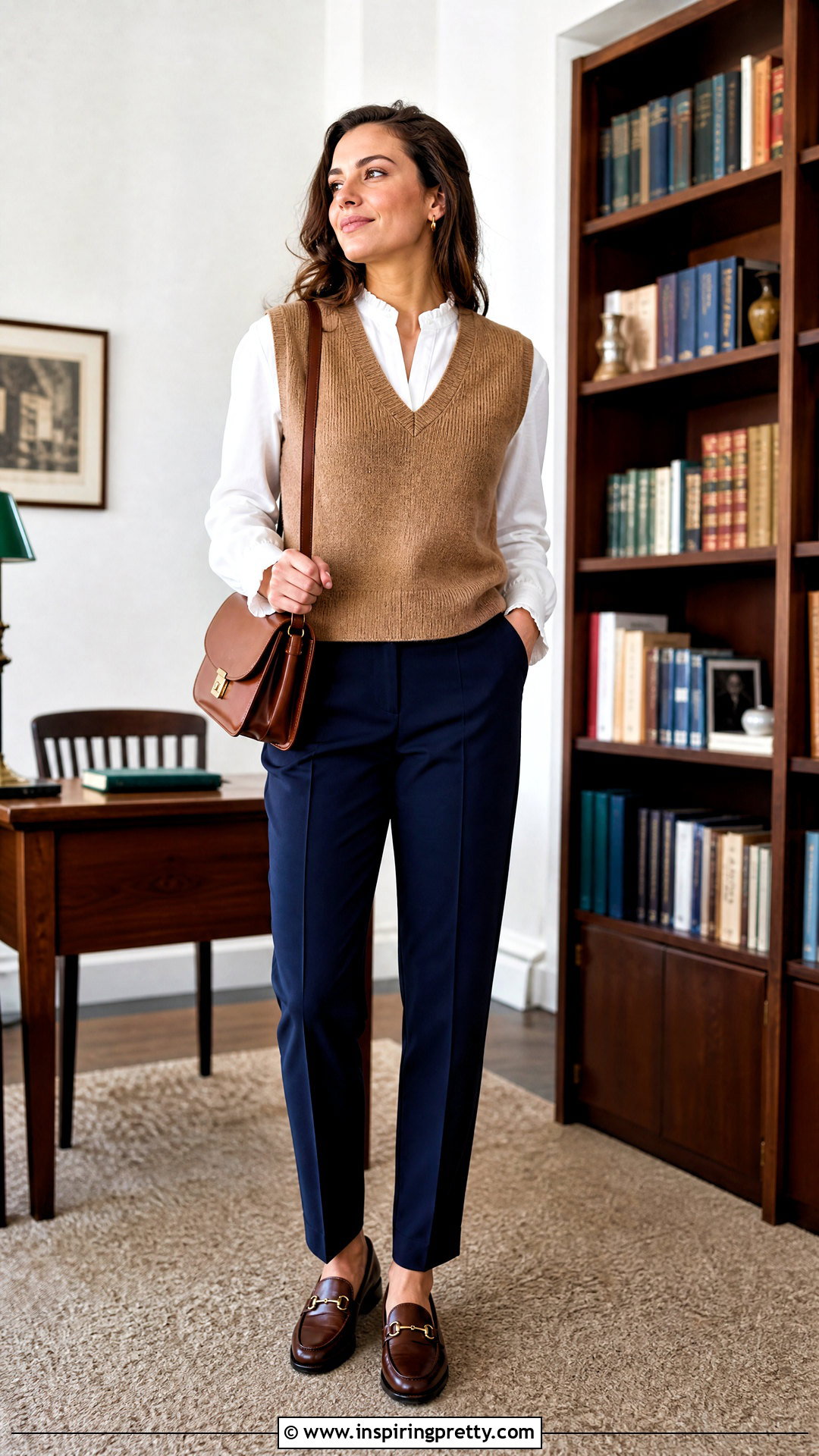 Ruffle Top With Sweater Vest And Trousers - 50 ruffle tops outfit ideas