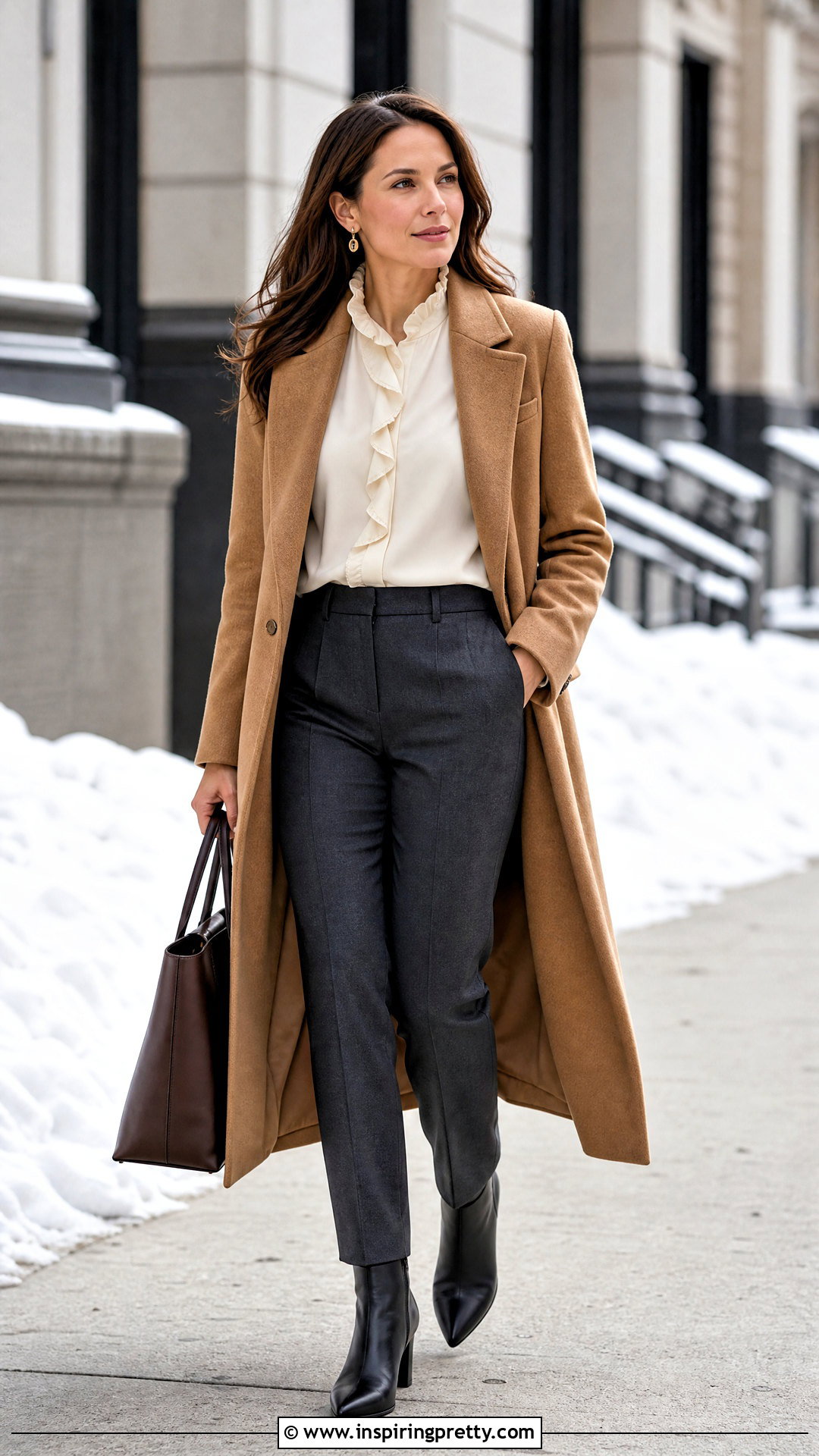 Ruffle Top With Wool Coat And Ankle Boots - 50 ruffle tops outfit ideas