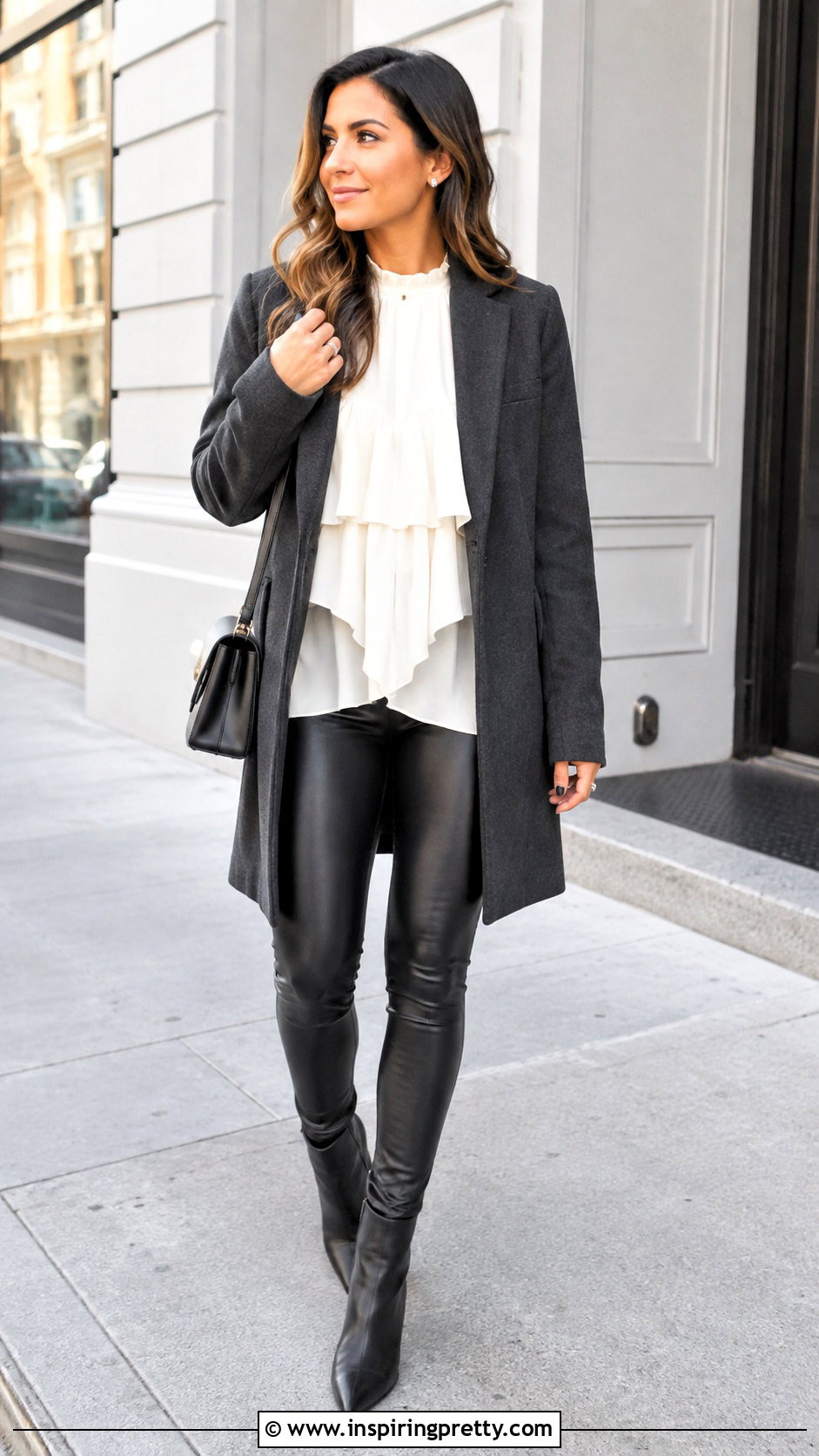 Ruffle Tunic Top With Faux Leather Leggings - 25 ruffle tunic top outfit ideas