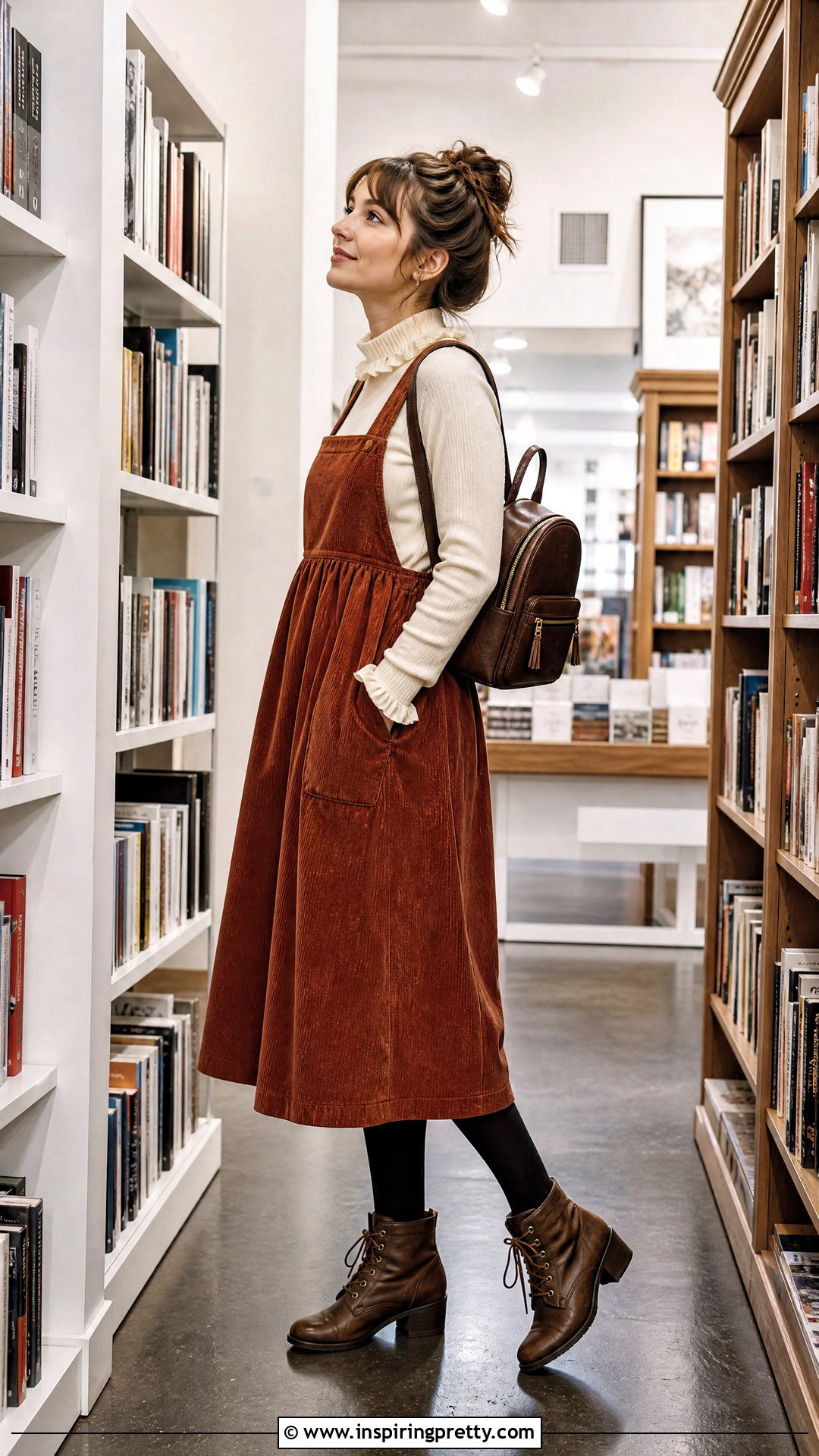 Ruffle Turtleneck With Pinafore Dress - 50 whimsical tops outfit ideas