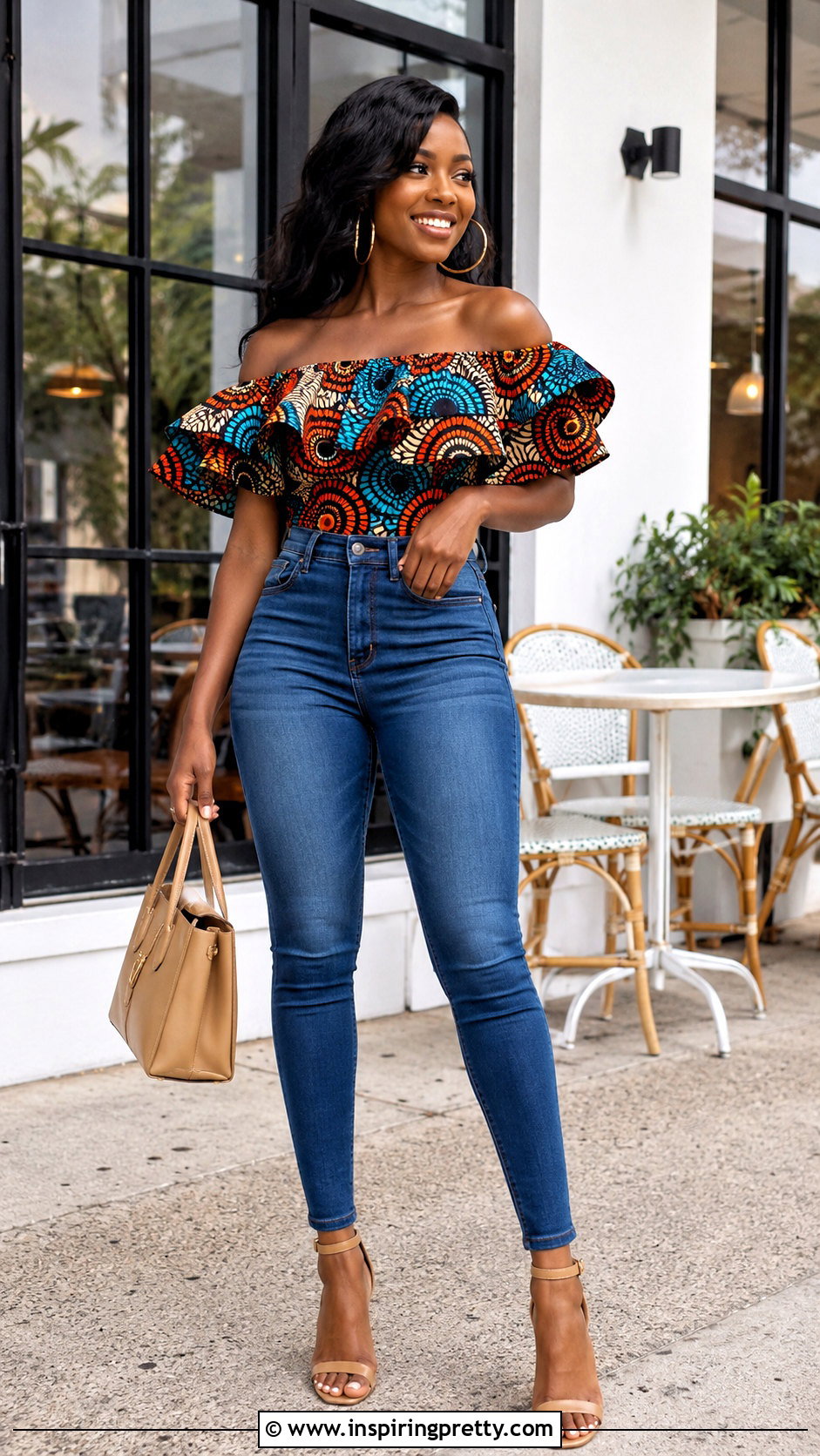 Ruffled Ankara Off Shoulder Top With High Waist Skinny Jeans - 20 ankara tops with jeans off shoulder outfits