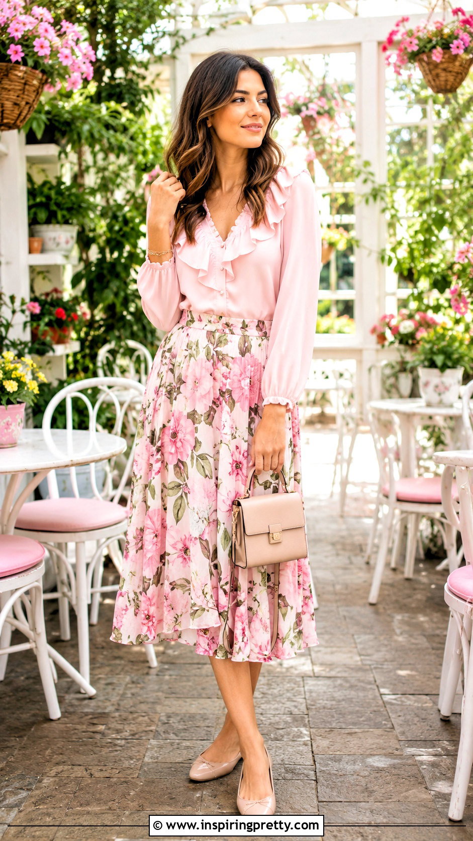 Ruffled Blouse And Floral Midi Skirt Outfit - 50 top and skirt outfit ideas