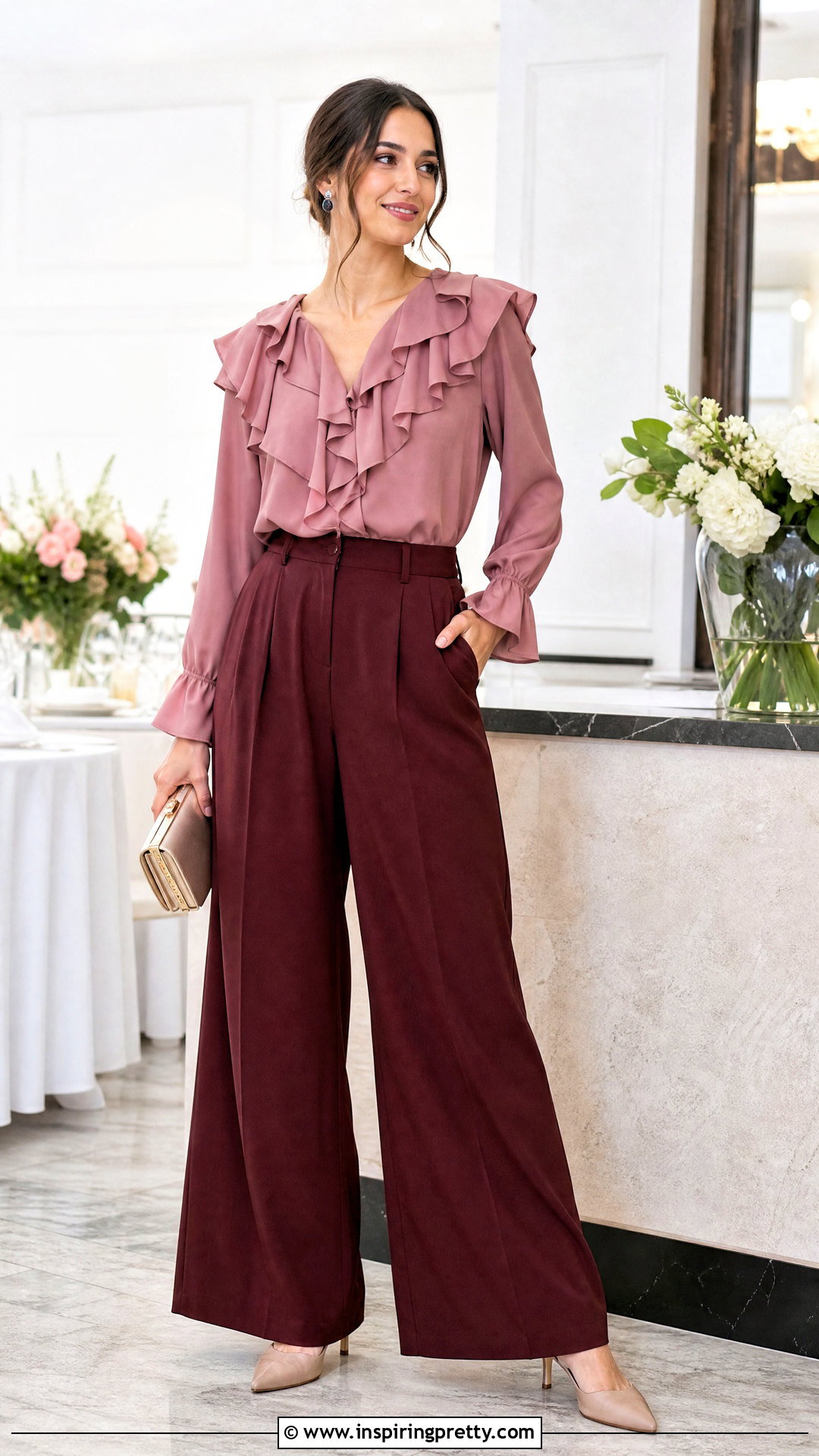 Ruffled Blouse With Simple Palazzo Pants - 50 tops for palazzo pants classy outfits