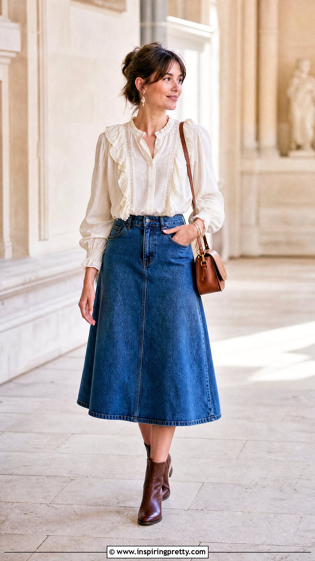 Ruffled Boho Top With Denim Skirt - 50 boho tops outfit ideas