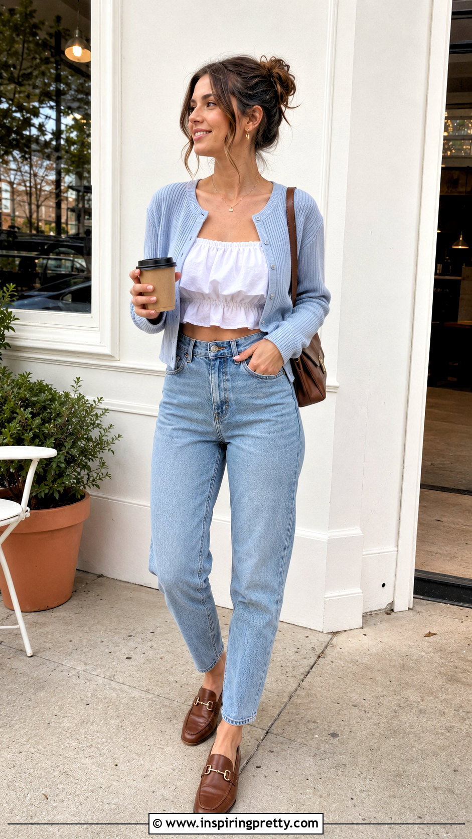 Ruffled Crop Top With Cardigan And Mom Jeans - 20 ruffled crop top fashion ideas