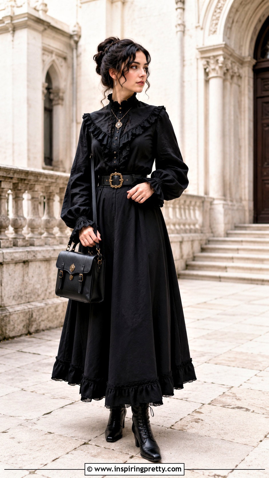 Ruffled Goth Blouse With Maxi Skirt - 50 alt tops outfit ideas