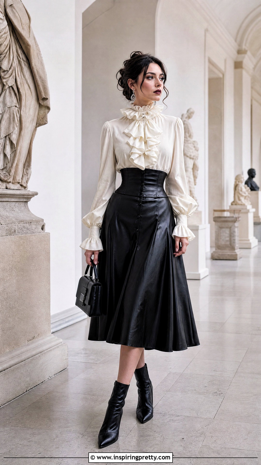 Ruffled Gothic Blouse With Leather Skirt - 50 gothic tops outfit ideas